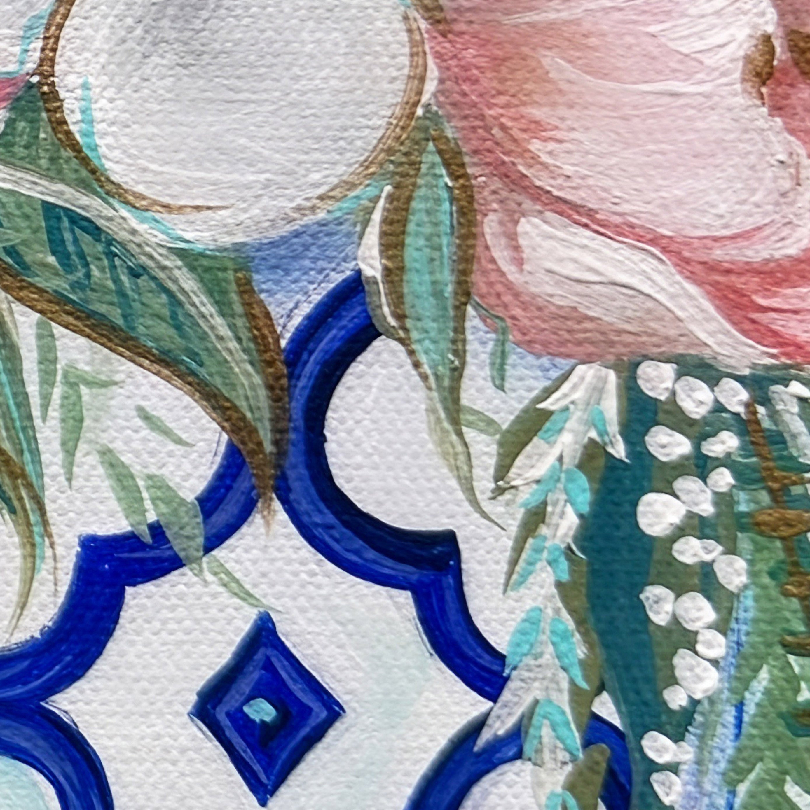 Greek Flowers detail – close-up of colorful floral arrangement in a Greek-inspired vase, painterly texture