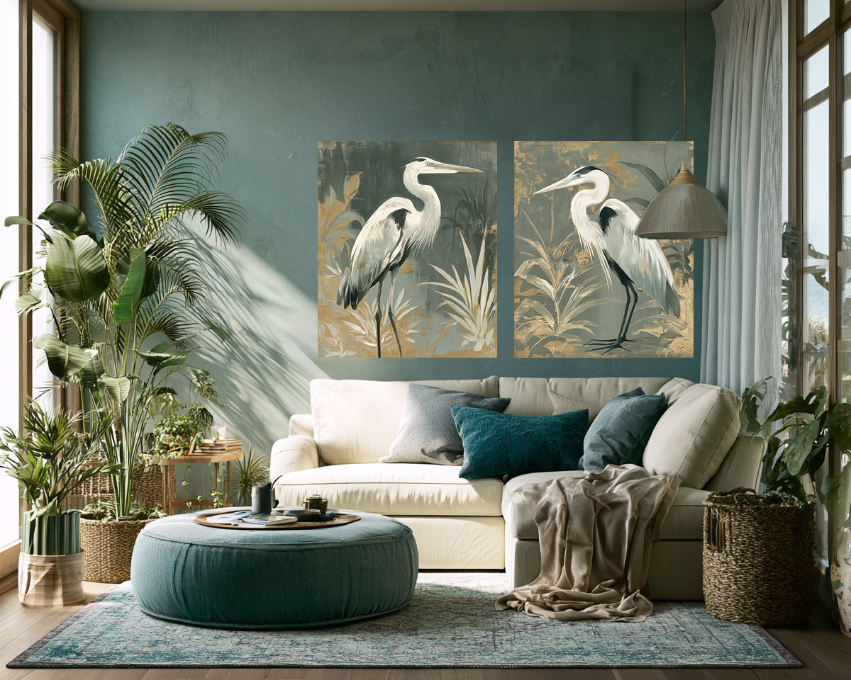 Grey Sky Heron I and II set – pair of heron bird prints displayed together in a styled room