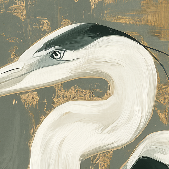 Grey Sky Heron II detail – close-up of heron plumage and painterly grey coastal light