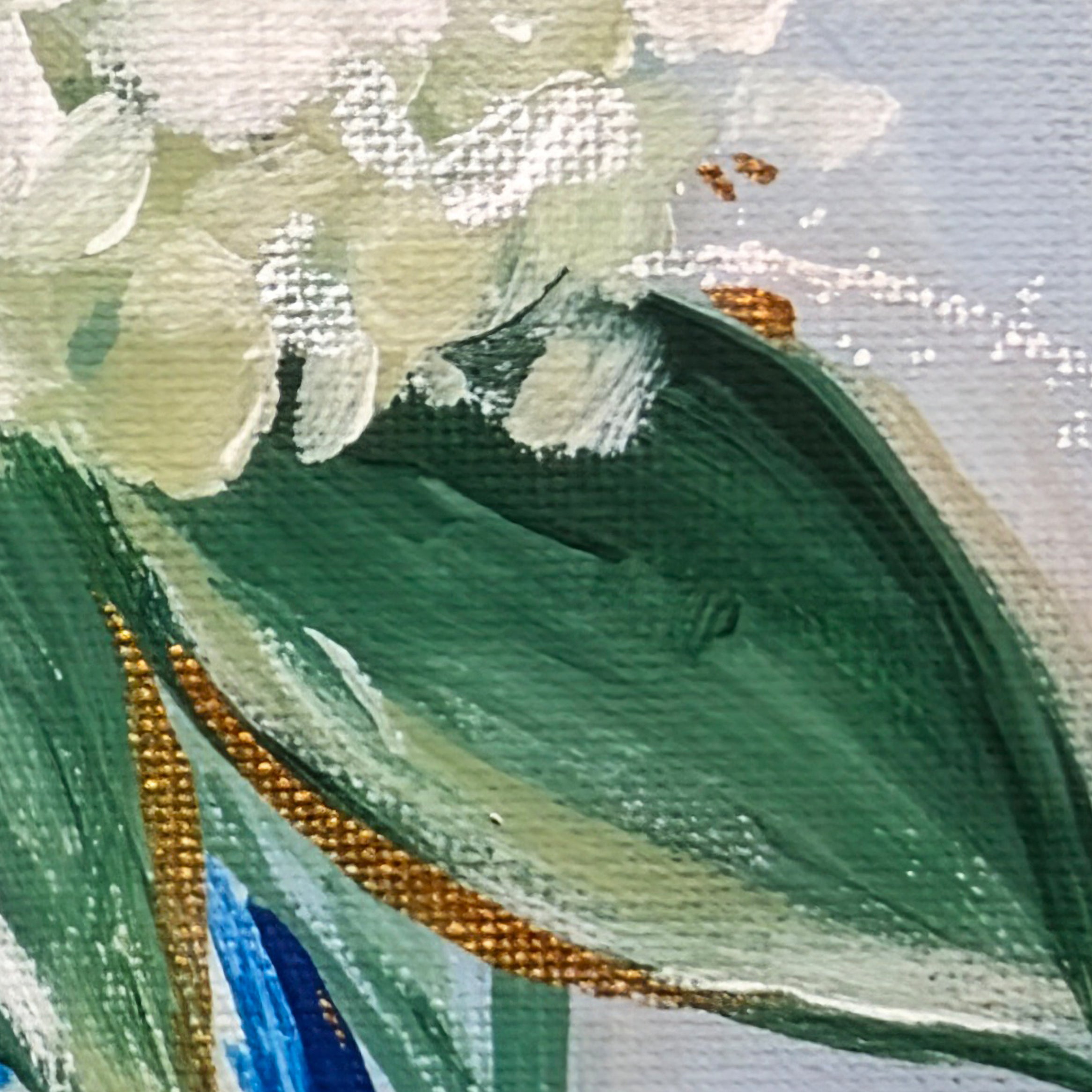 Close-up of a painting with green leaves and white flowers on a textured surface.
