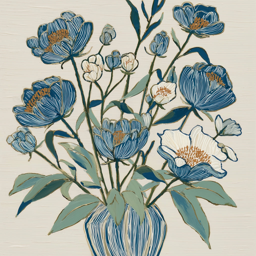Indigo Block Study III – bold square indigo botanical fine art print by Paula Freeman, 48x48 inch canvas