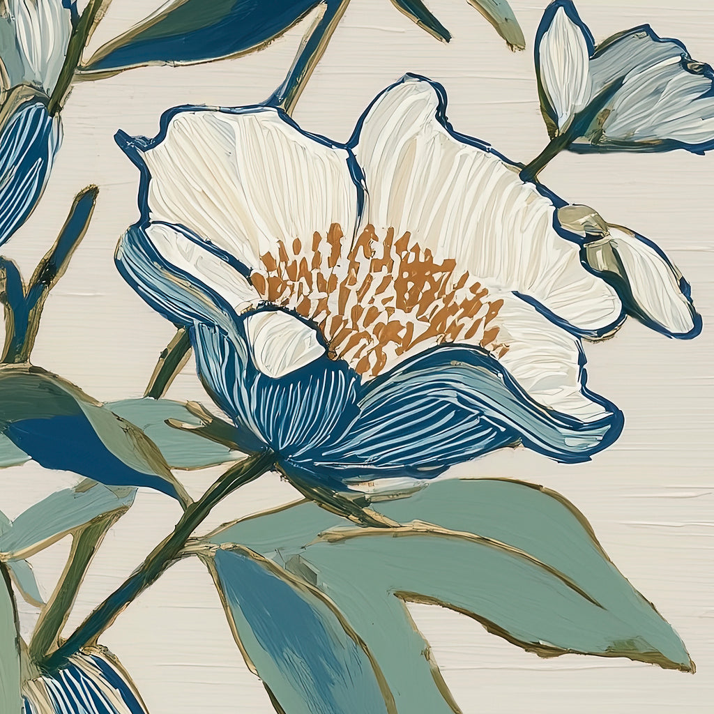 Indigo Block Study III detail – close-up of bold indigo floral motifs and linen texture