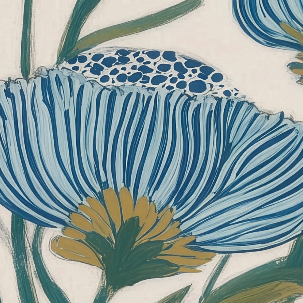 Indigo Block Study II detail – close-up of deep indigo floral motifs and painterly texture