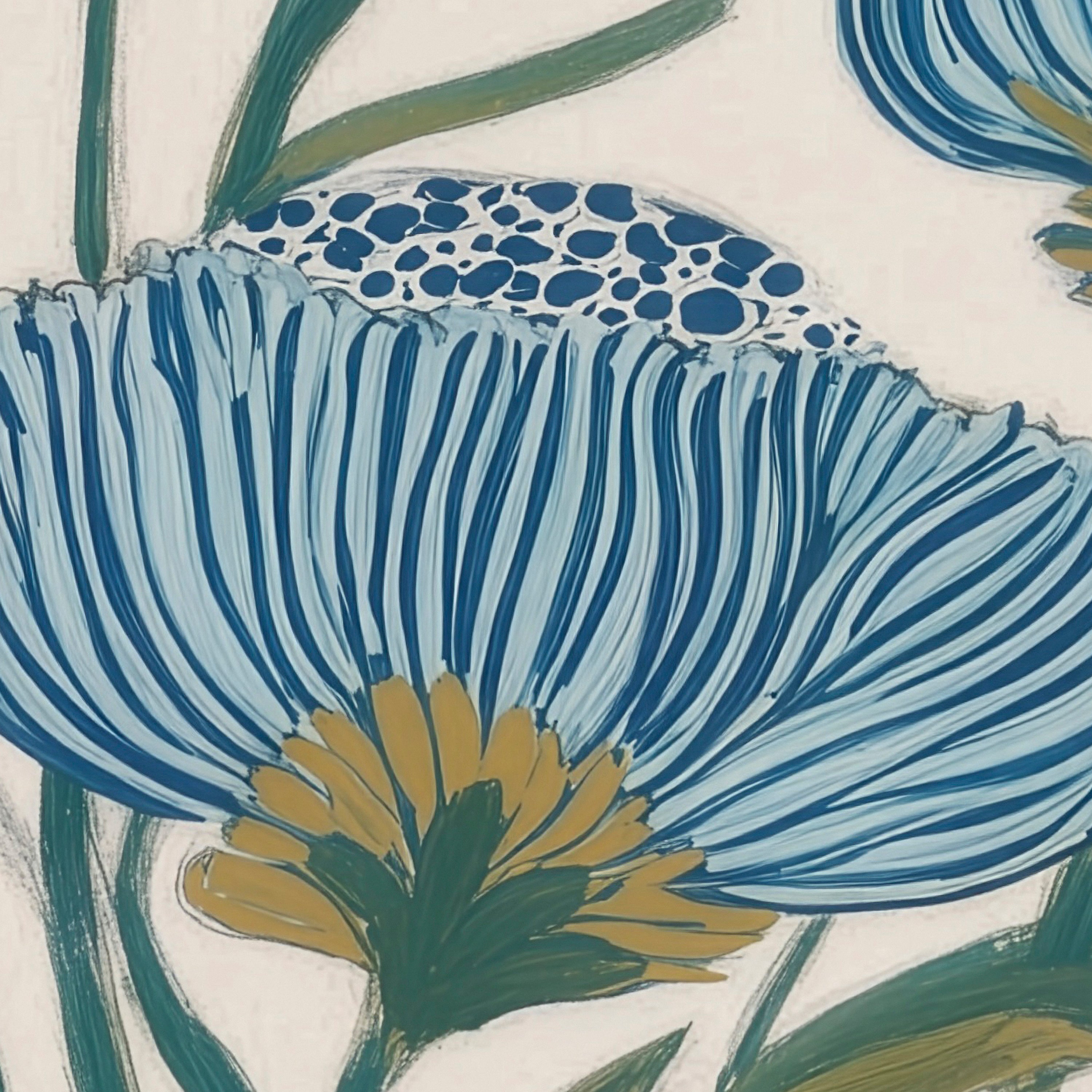 Indigo Block Study II detail – close-up of deep indigo floral motifs and painterly texture