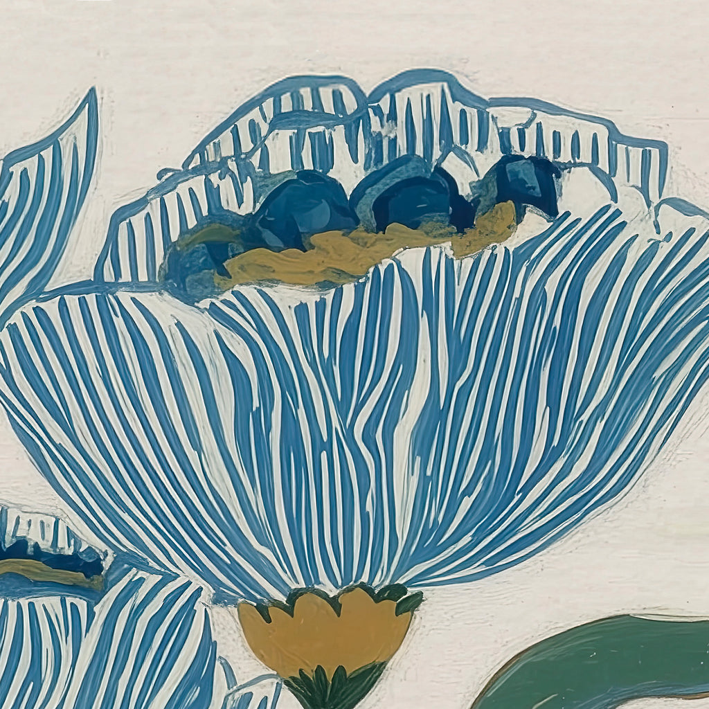 Indigo Block Study I detail – close-up showing painterly indigo floral texture and brushwork