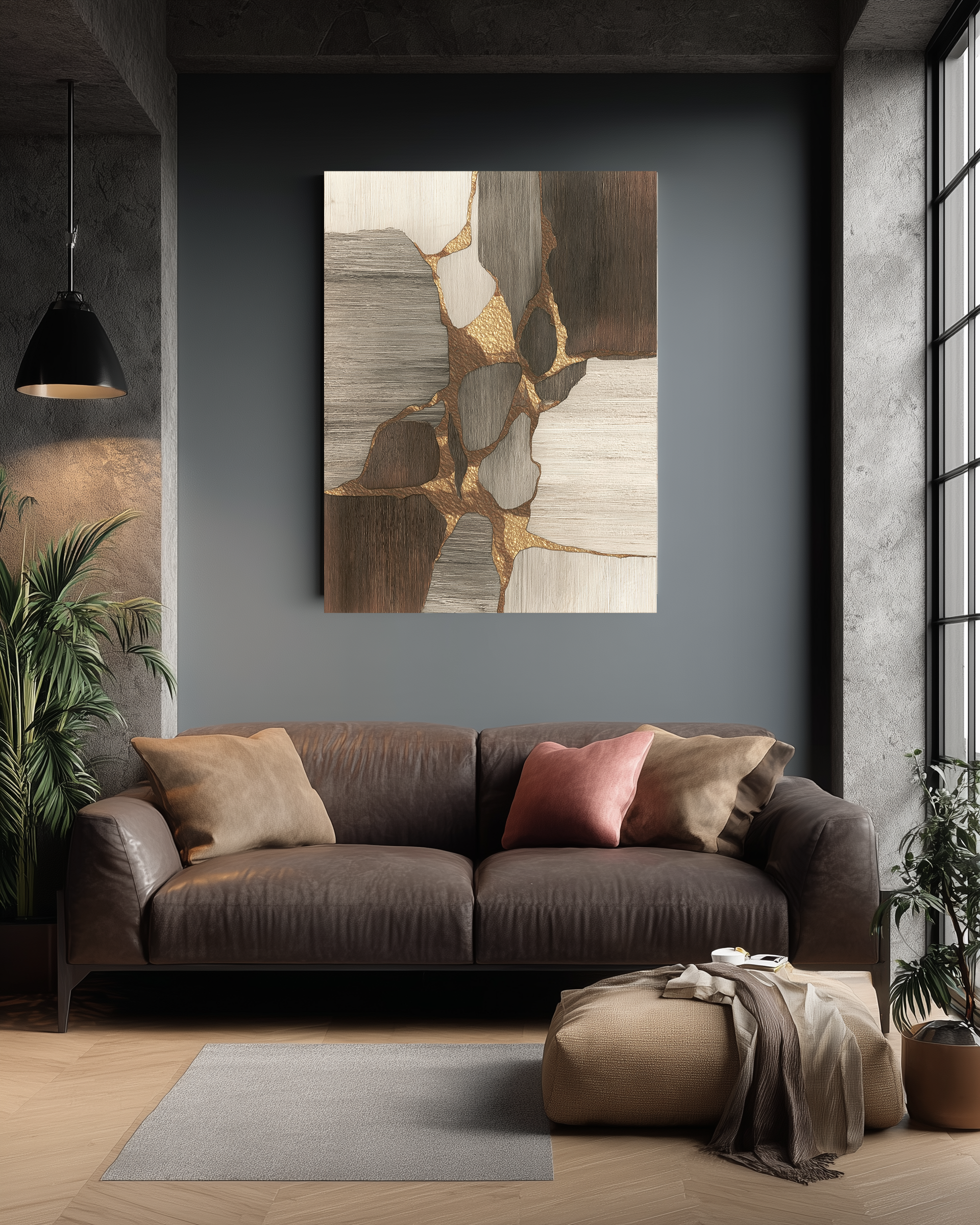 Modern living room with a brown sofa, abstract painting, and decorative elements.