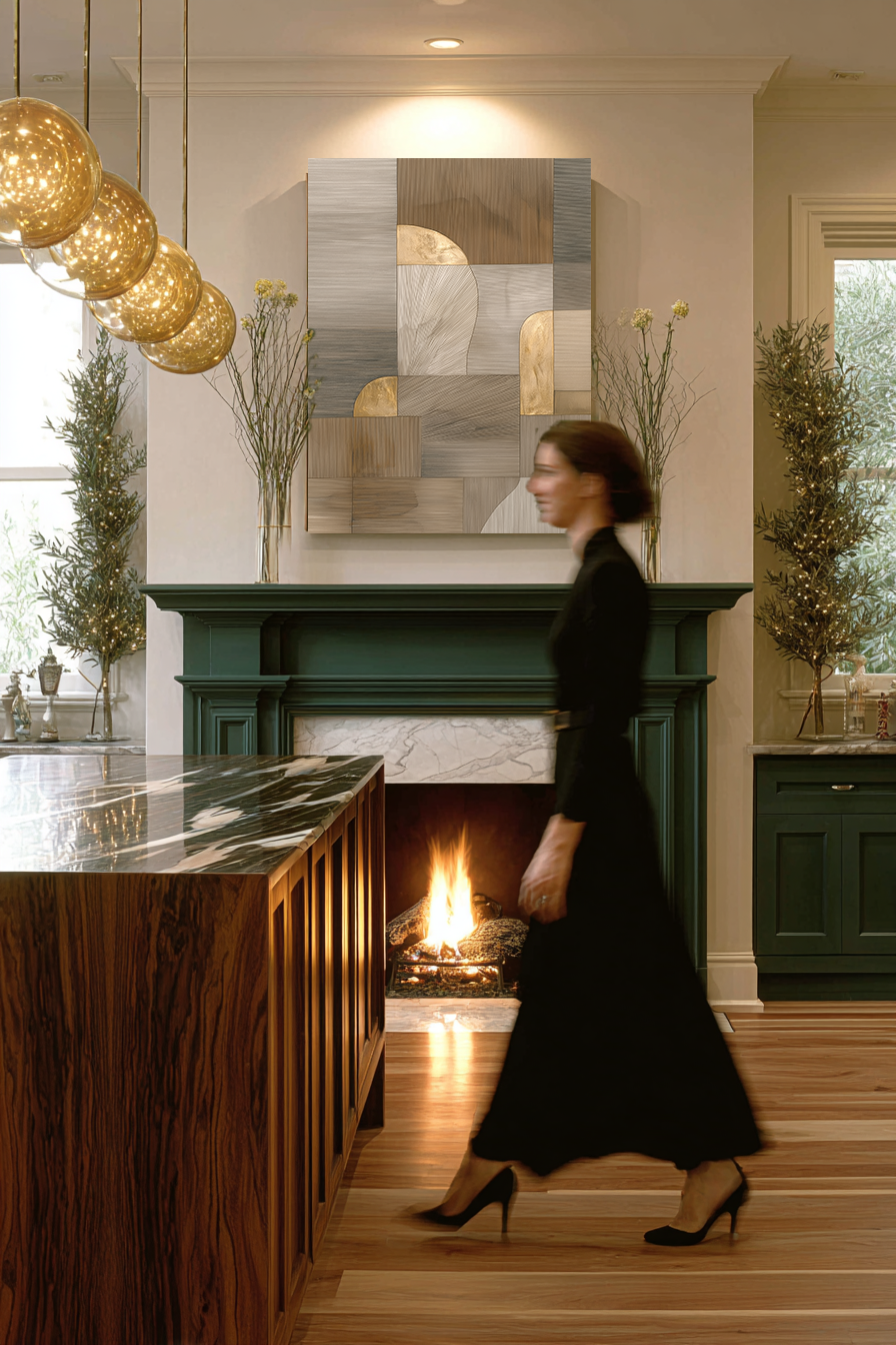 Woman walking in a modern kitchen with a fireplace and abstract art on the wall.