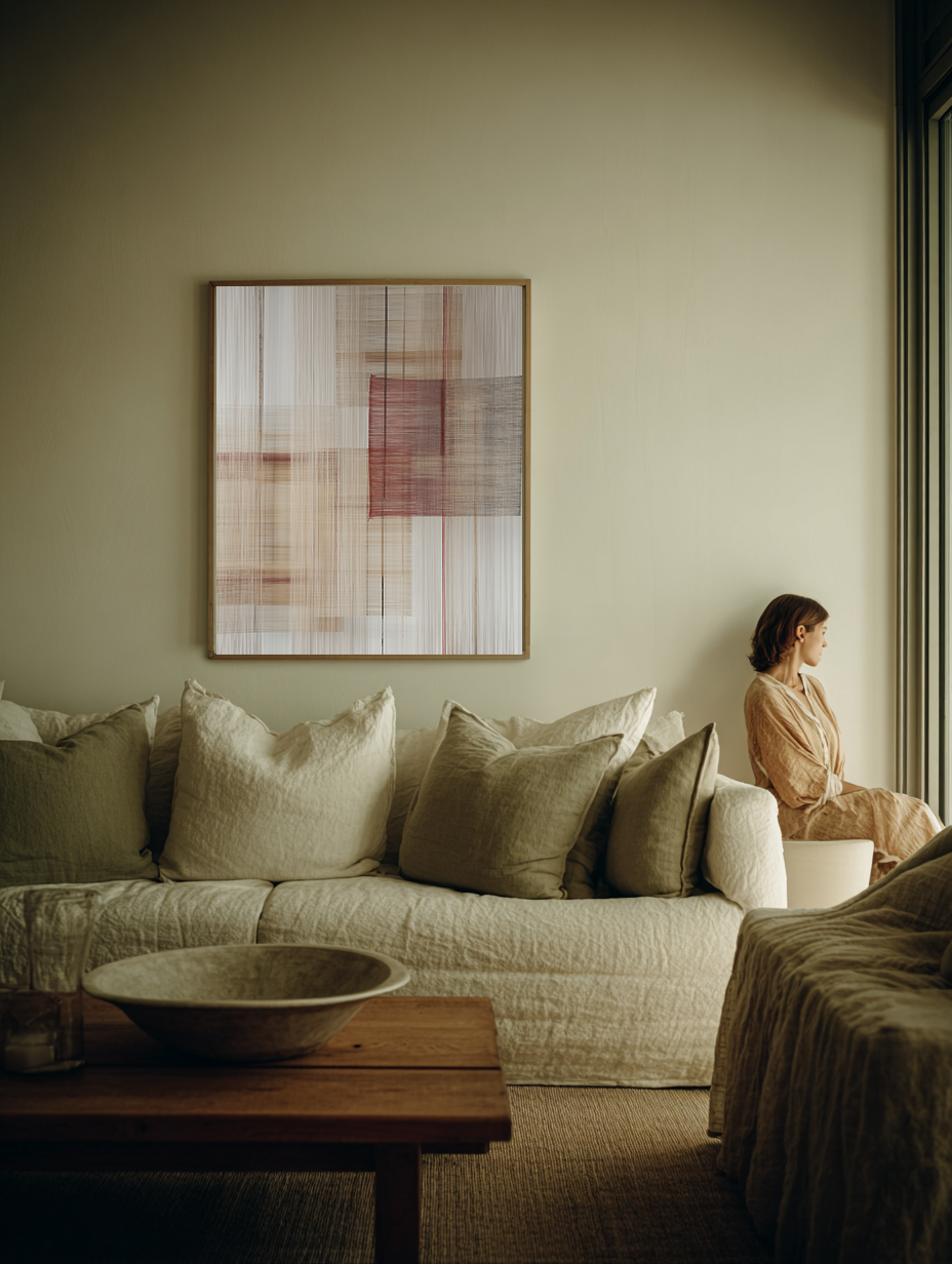 Woman sitting on a couch in a living room with abstract art on the wall.