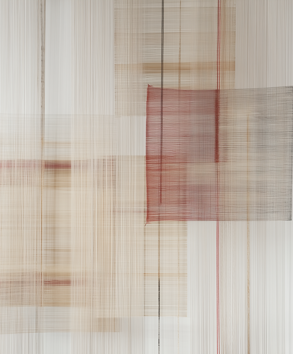 Textile art piece with woven patterns in red, brown, and beige on a white background