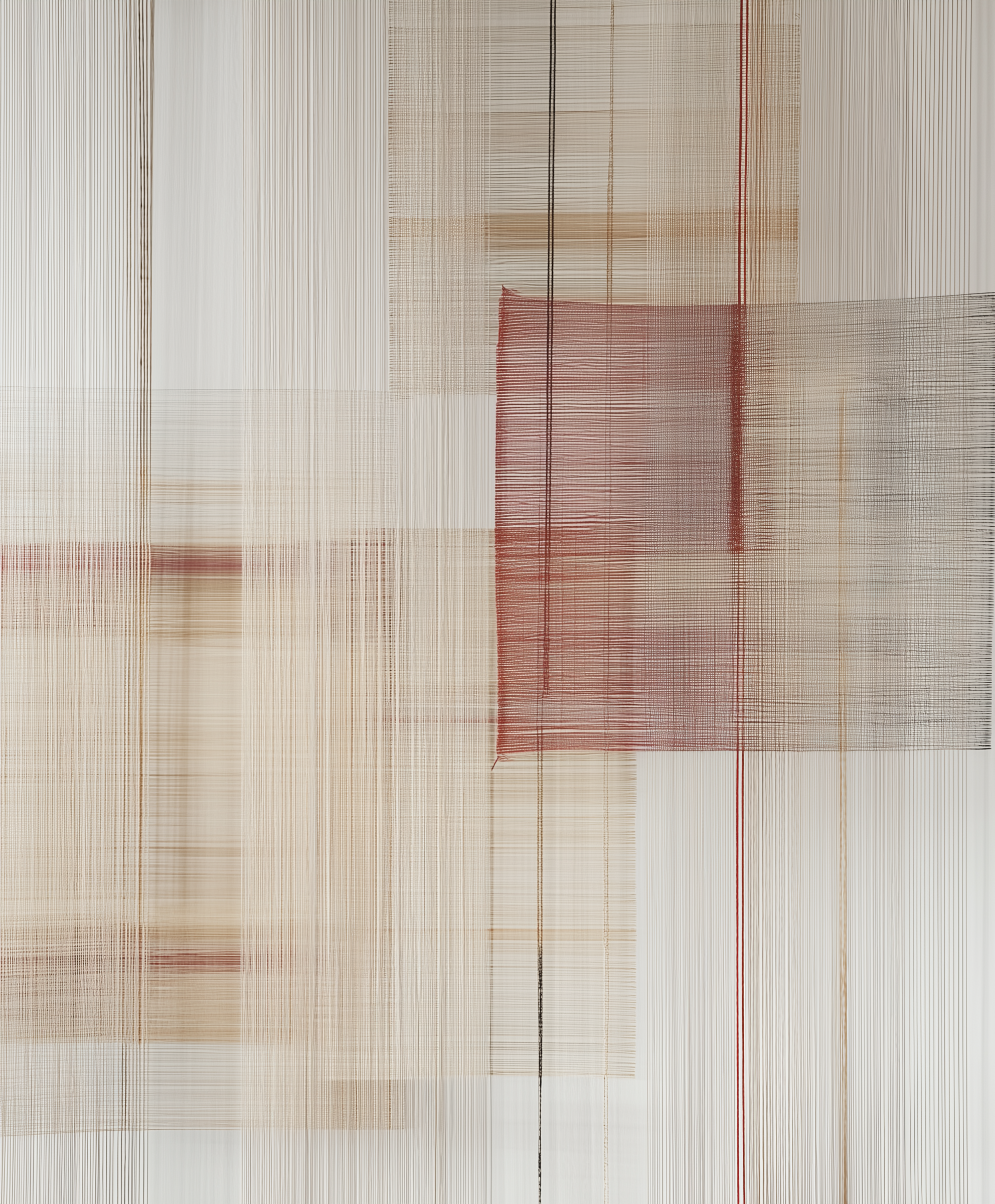 Textile art piece with woven patterns in red, brown, and beige on a white background