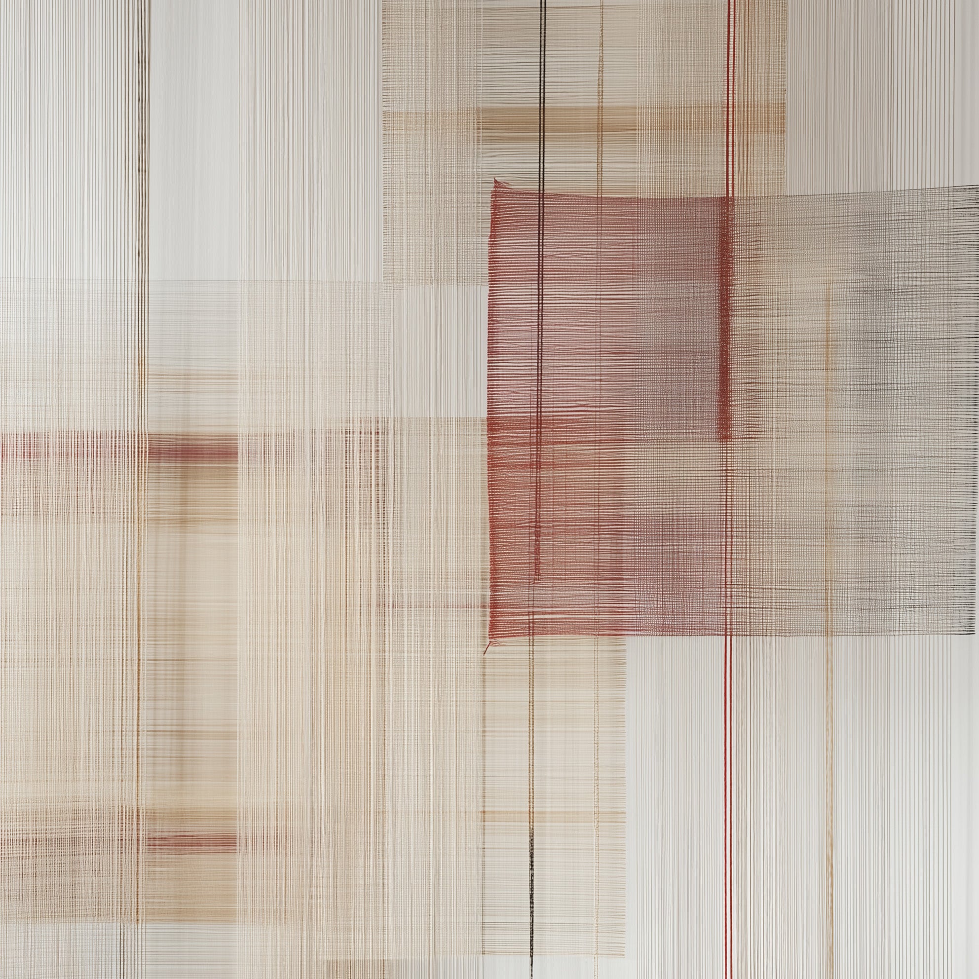 Abstract woven art piece with red and brown threads on a neutral background