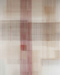 Textile art piece with grid pattern and red accents on a neutral background