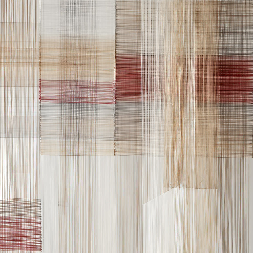 Abstract art piece with horizontal stripes in brown, beige, and red on a white background