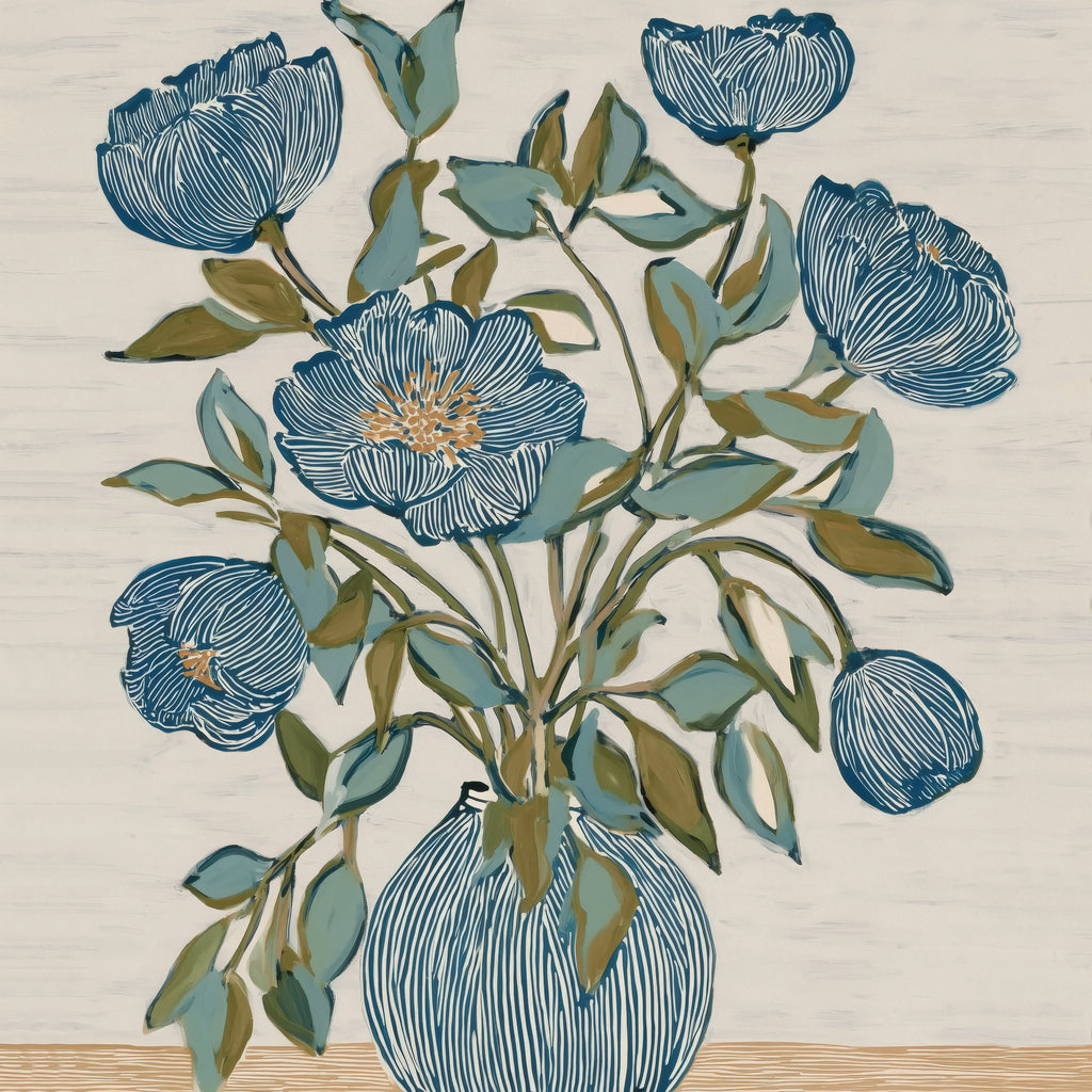 Linen & Lapis Vase – botanical still life fine art print by Paula Freeman, 40x40 inch canvas