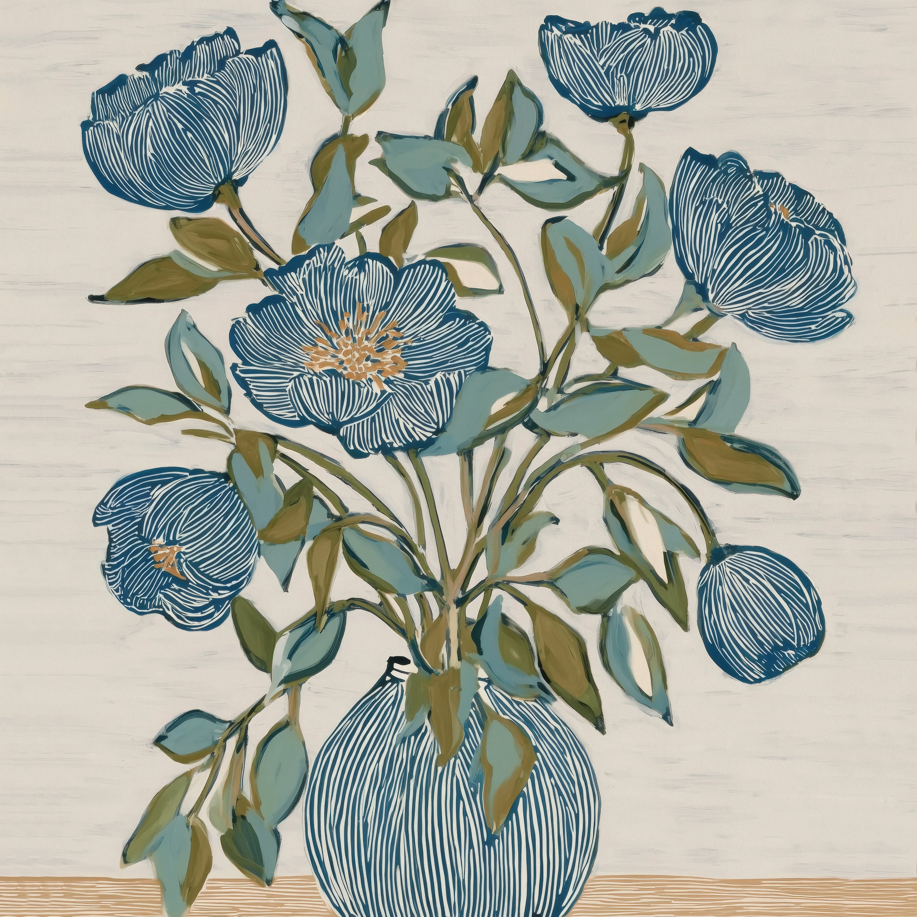 Linen & Lapis Vase – botanical still life fine art print by Paula Freeman, 40x40 inch canvas