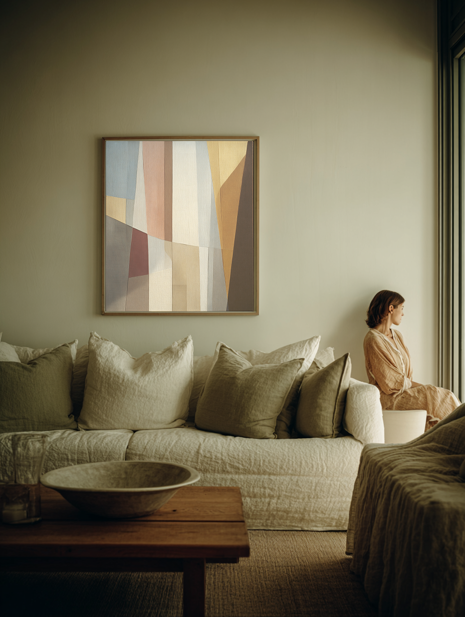 Woman sitting on a couch in a living room with abstract art on the wall.
