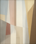 Abstract art piece with geometric shapes in earthy tones on a textured background