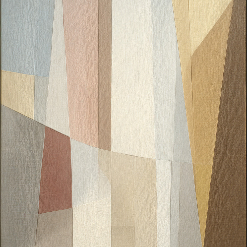 Abstract art piece with geometric shapes in earthy tones on a textured background