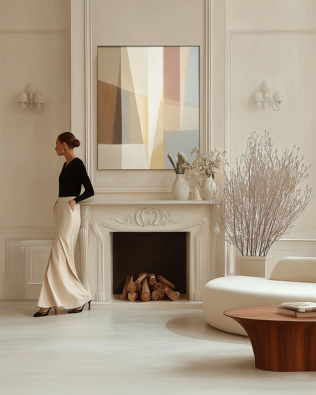 Woman standing in a modern living room with a fireplace and abstract painting.