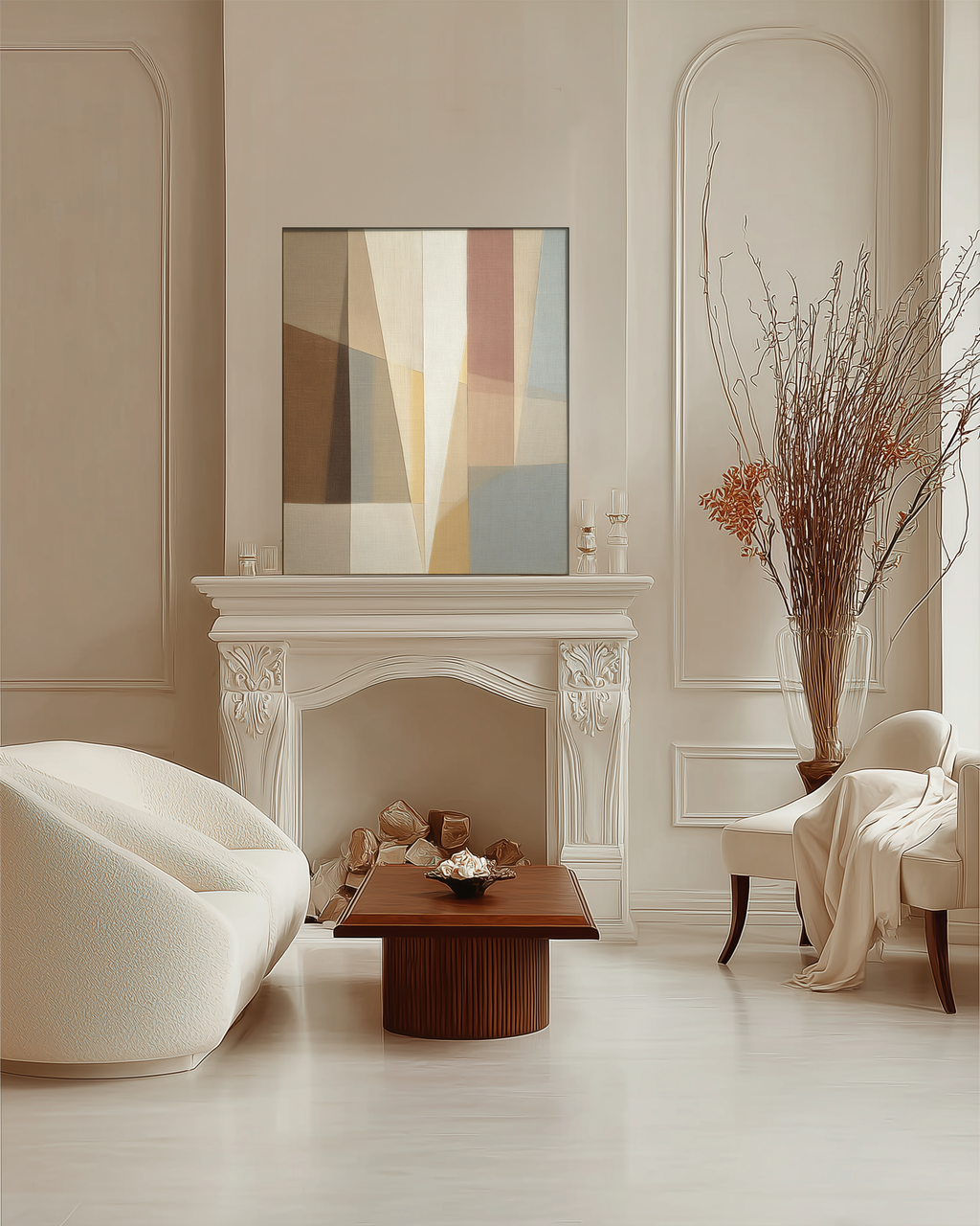 Modern living room with a fireplace, abstract painting, and decorative elements.
