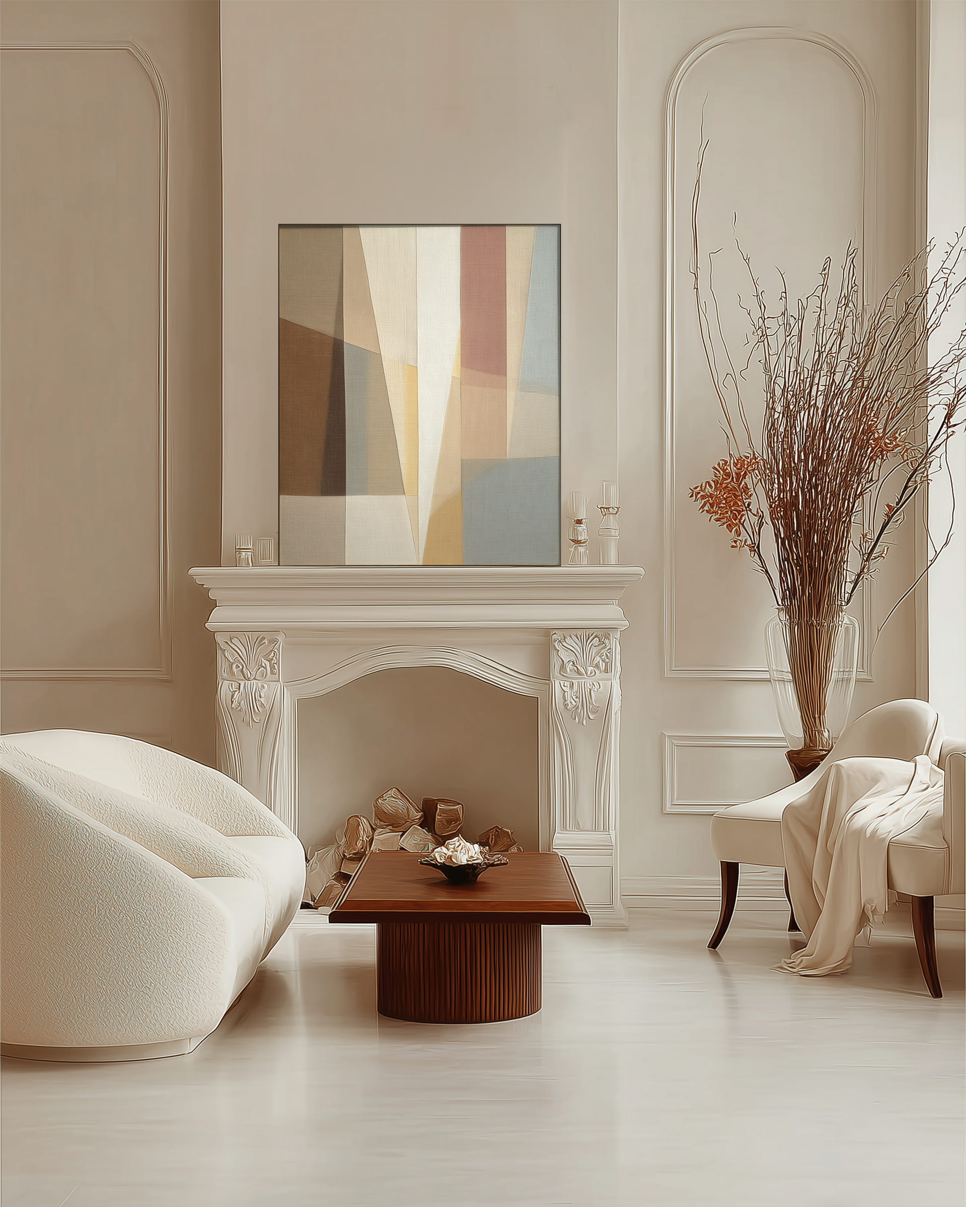 Modern living room with a fireplace, abstract painting, and decorative elements.
