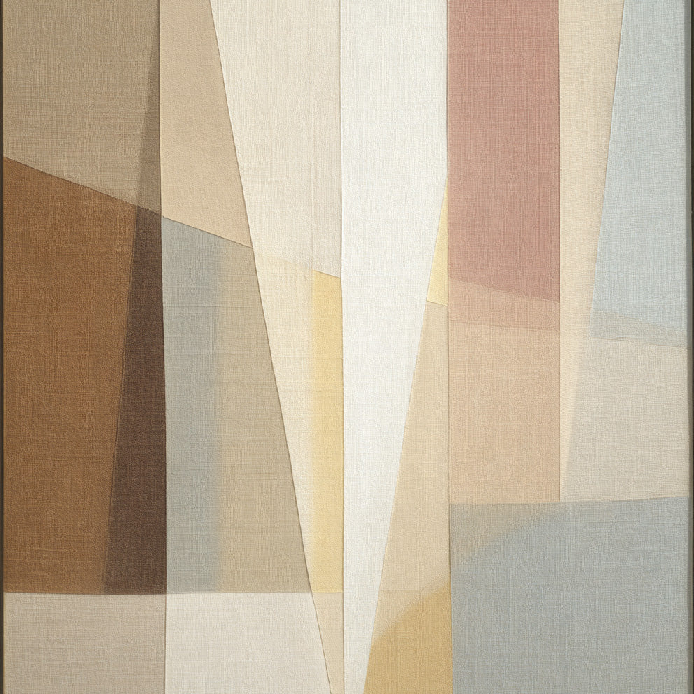 Abstract art piece with geometric shapes in earthy tones on a neutral background