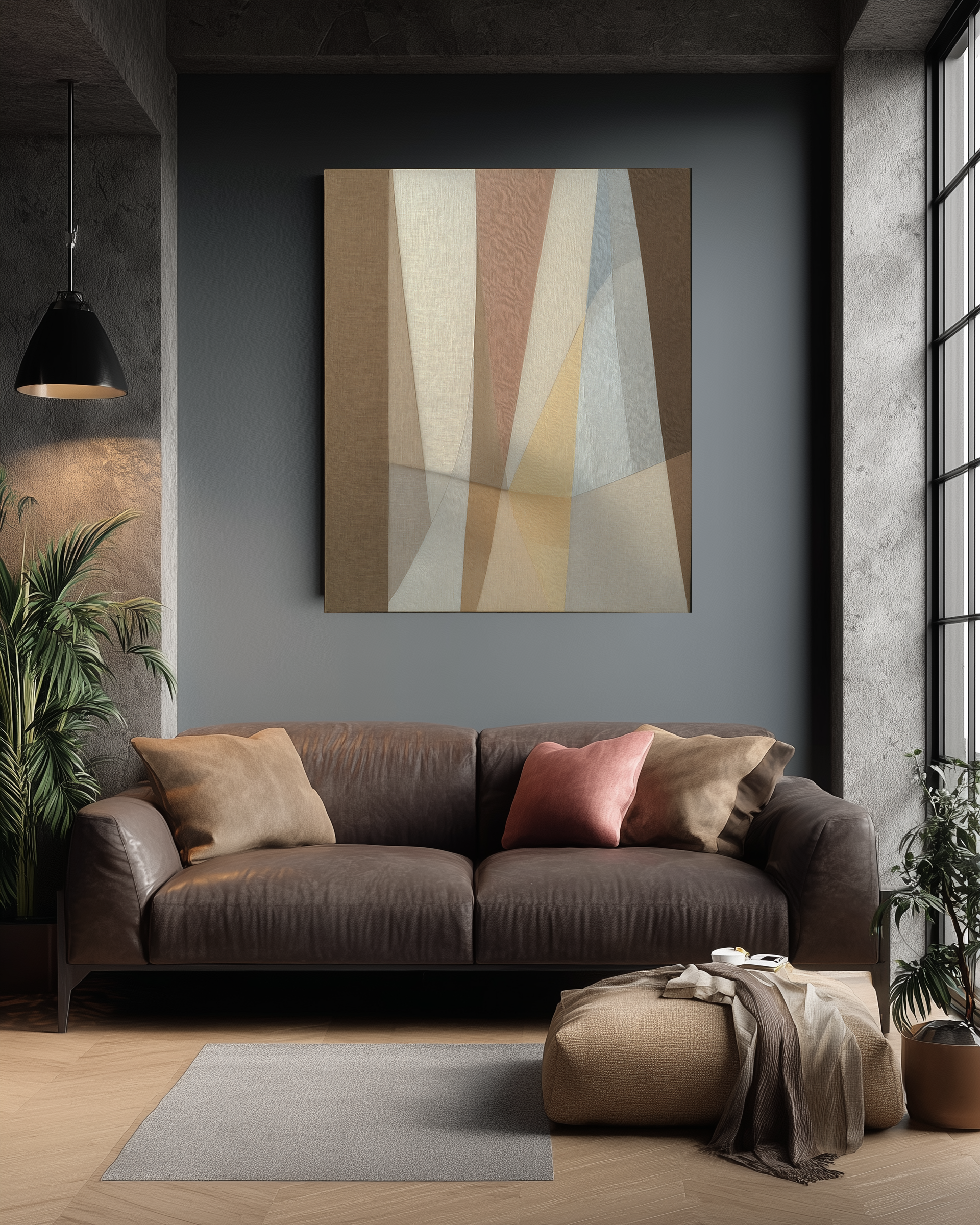 Modern living room with a brown sofa, abstract painting, and decorative items.