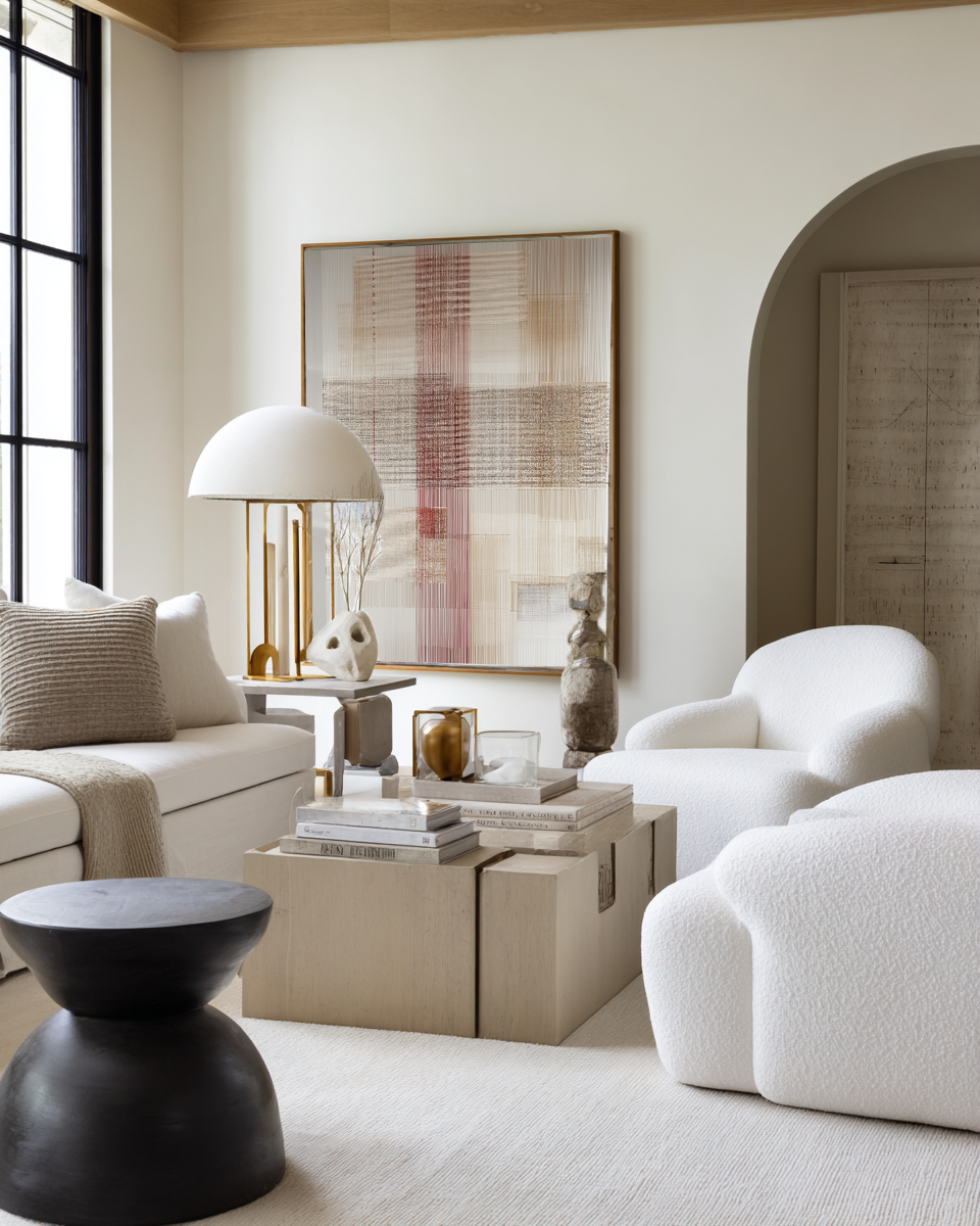 Modern living room with neutral tones, white sofa, and abstract art on the wall.
