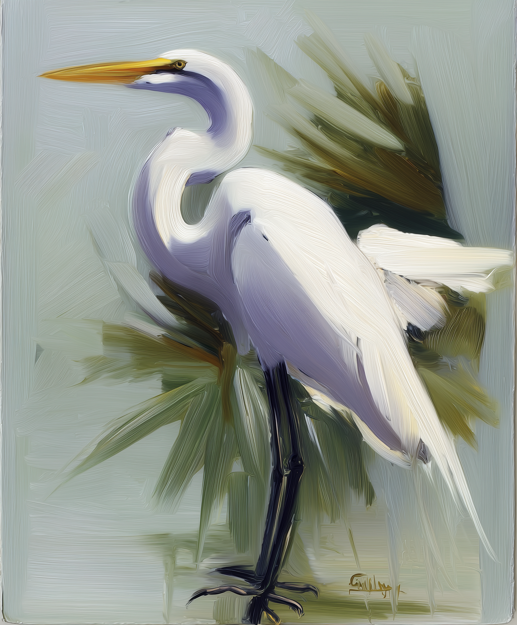 Painting of a white egret with a yellow beak on a natural background