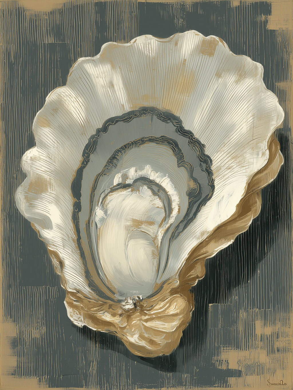 Artistic depiction of an oyster shell with a textured background