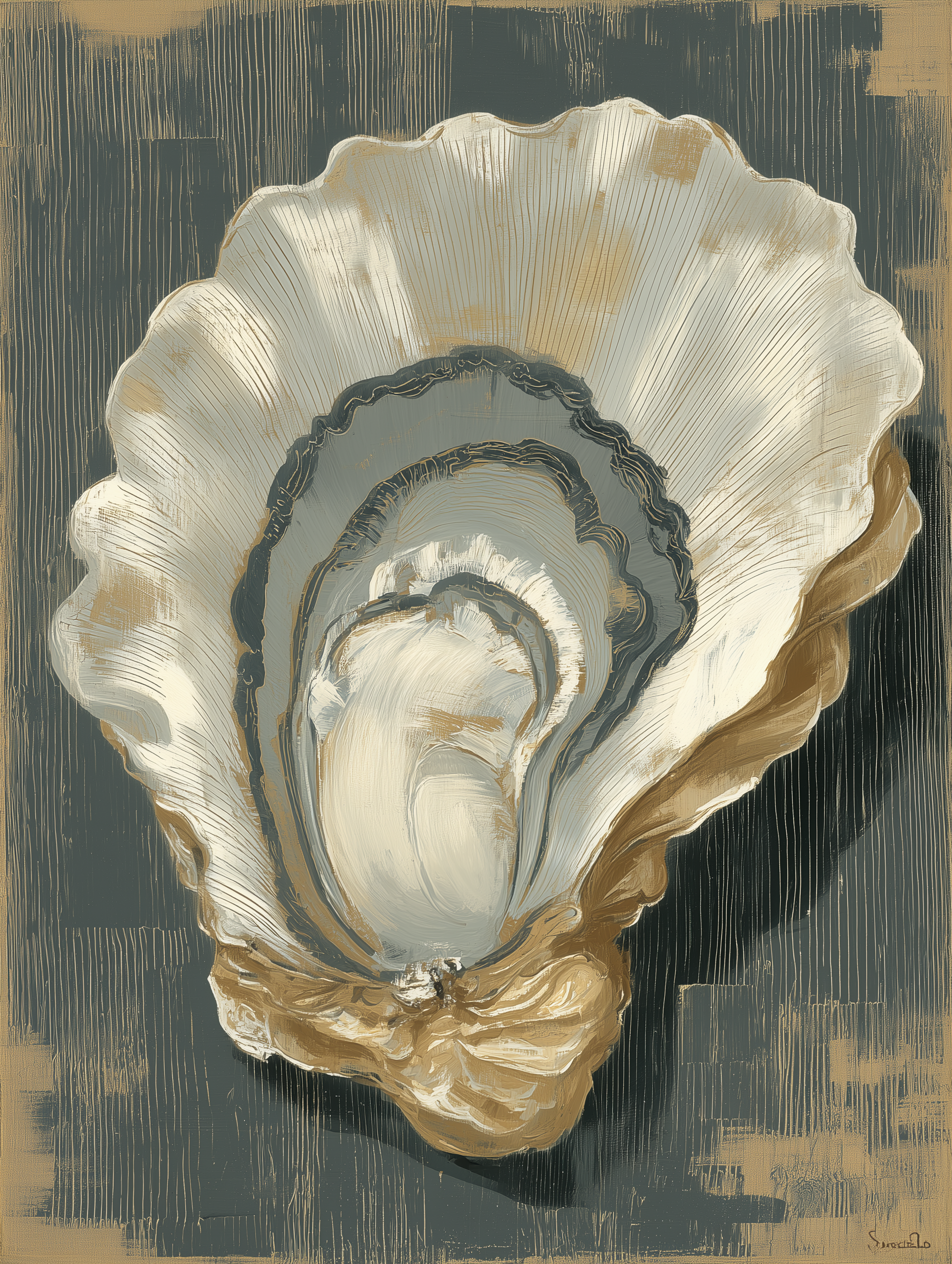 Artistic depiction of an oyster shell with a textured background