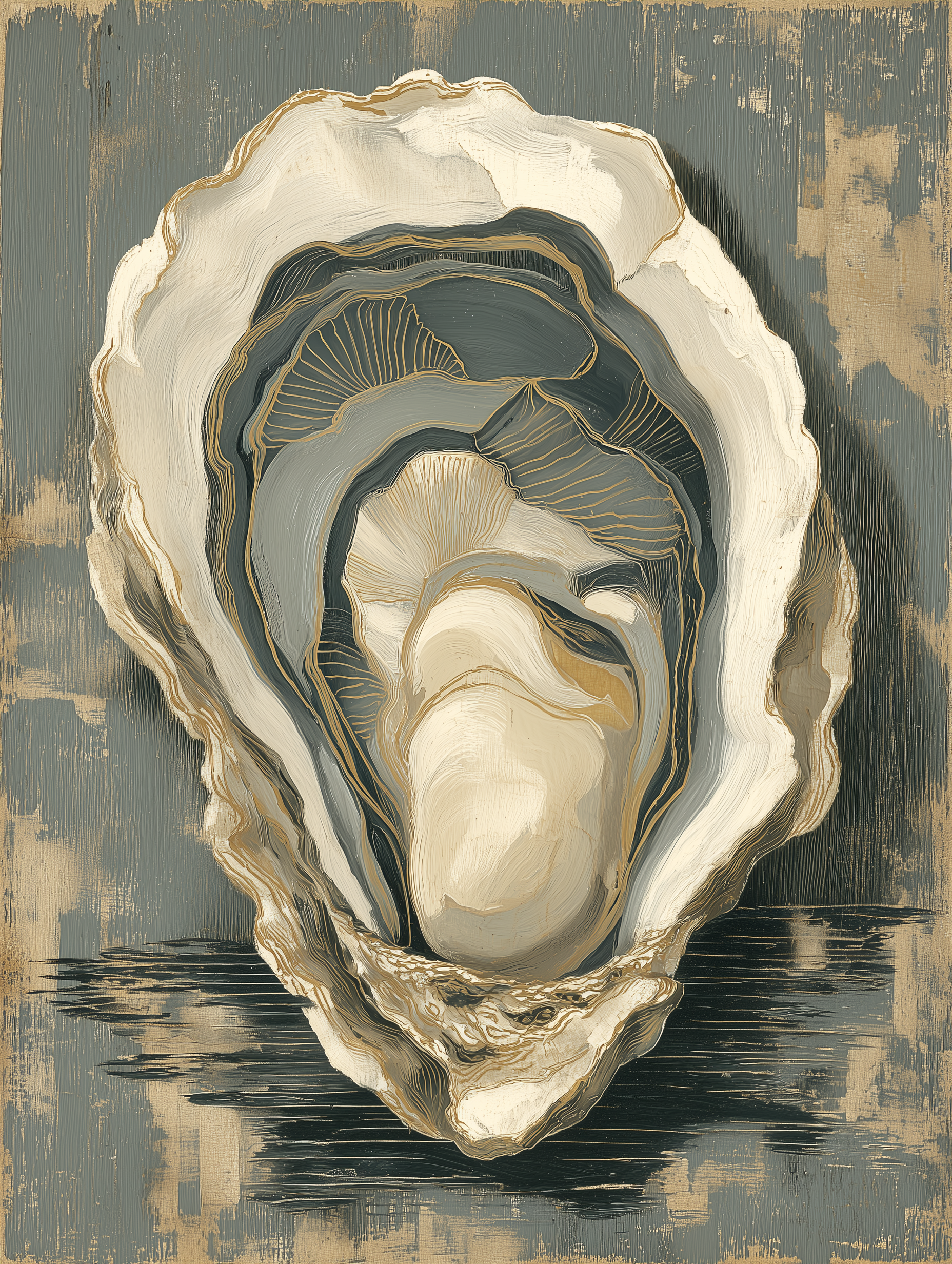 Artistic depiction of an oyster shell with a textured background