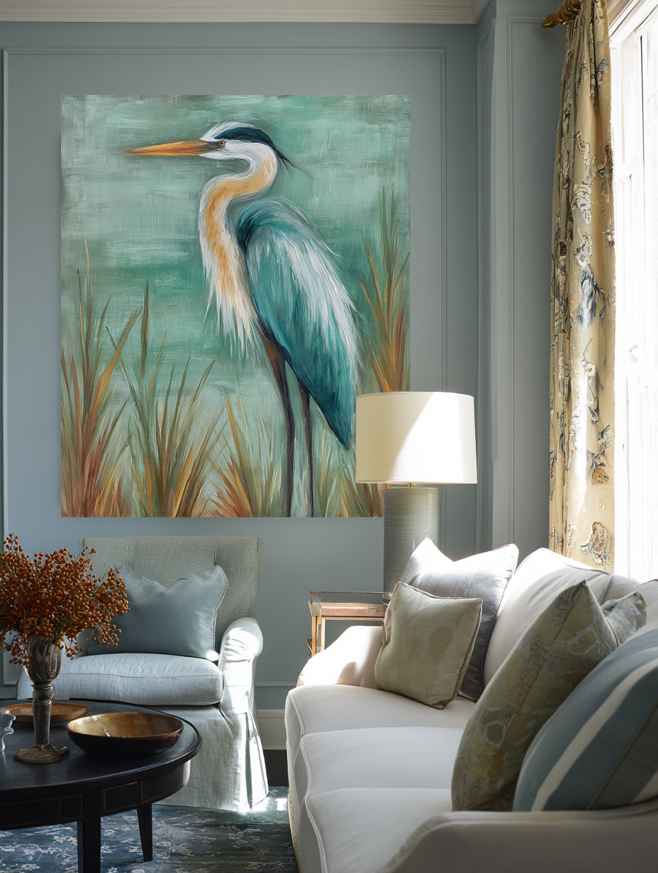 Living room with a painting of a heron on the wall, a lamp, and a couch.