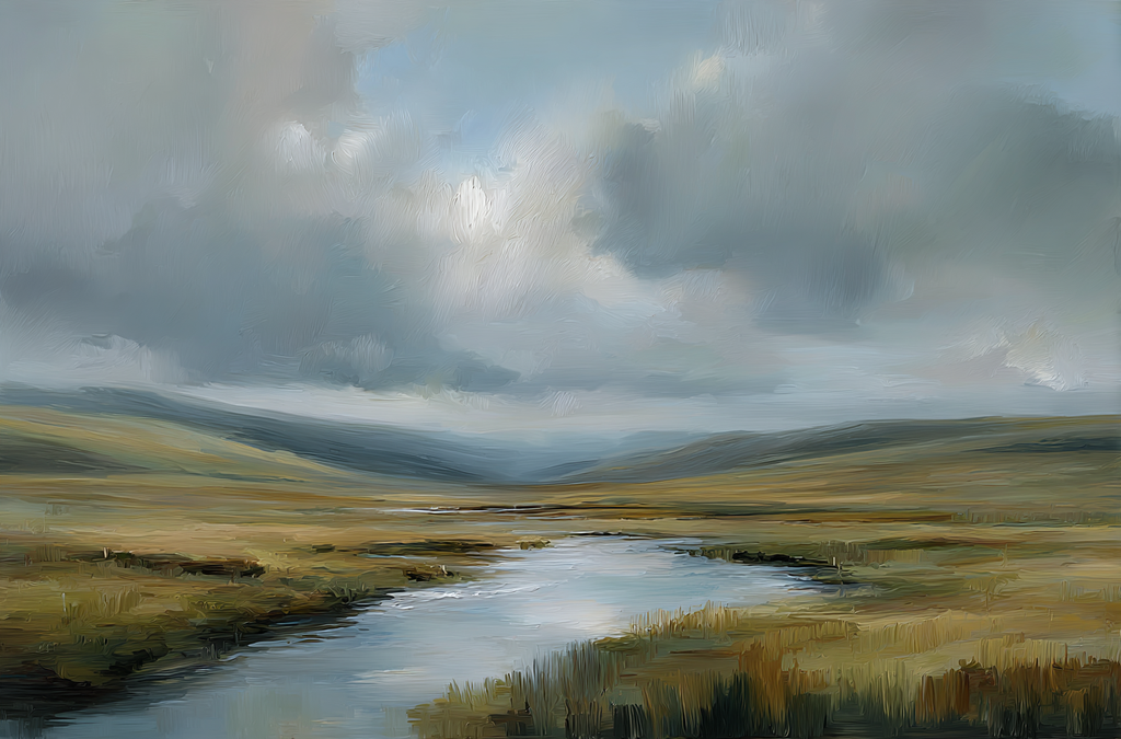 Painting of a landscape with a river and cloudy sky