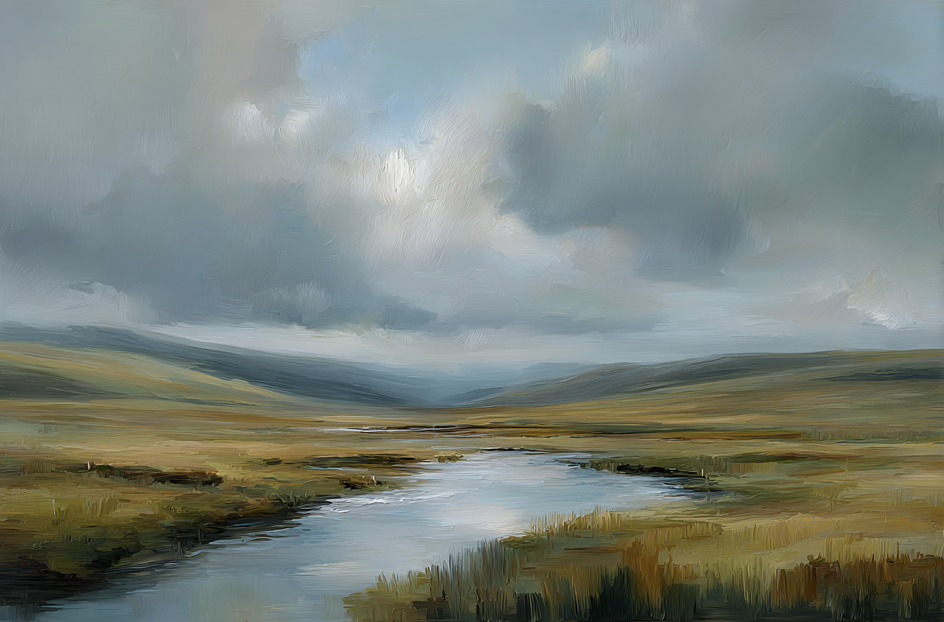 Painting of a landscape with a river and cloudy sky