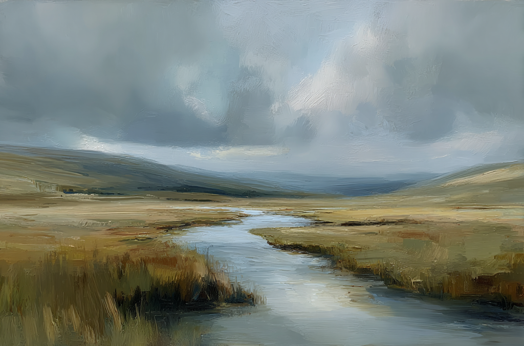 Painting of a landscape with a river and grassy hills under a cloudy sky