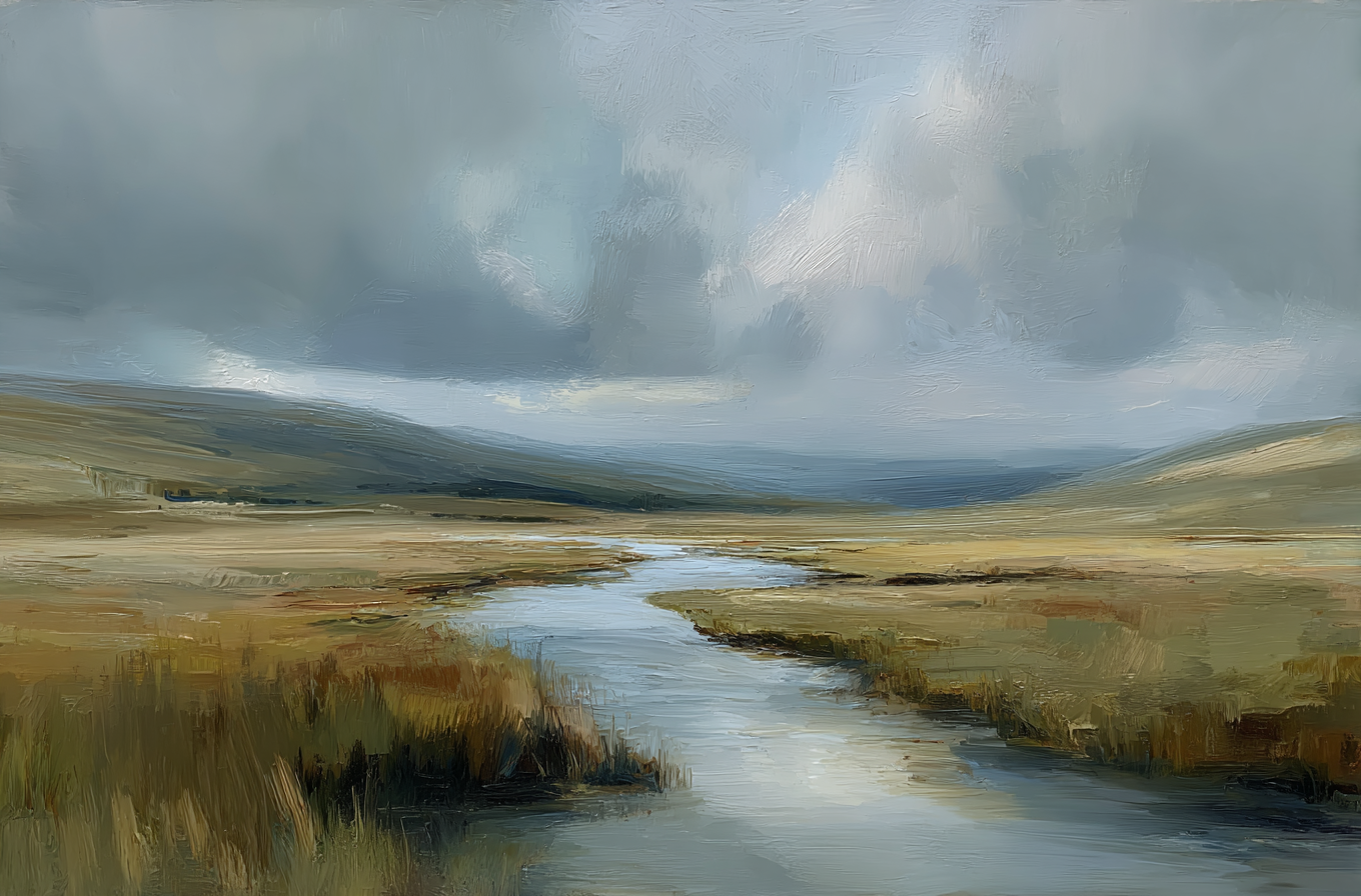 Painting of a landscape with a river and grassy hills under a cloudy sky