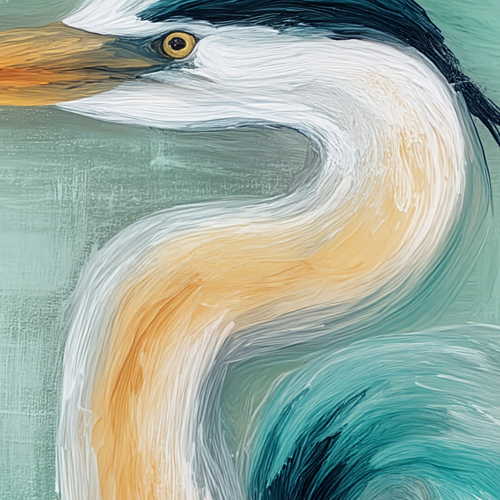 Close-up of a stylized heron painting with abstract brush strokes.