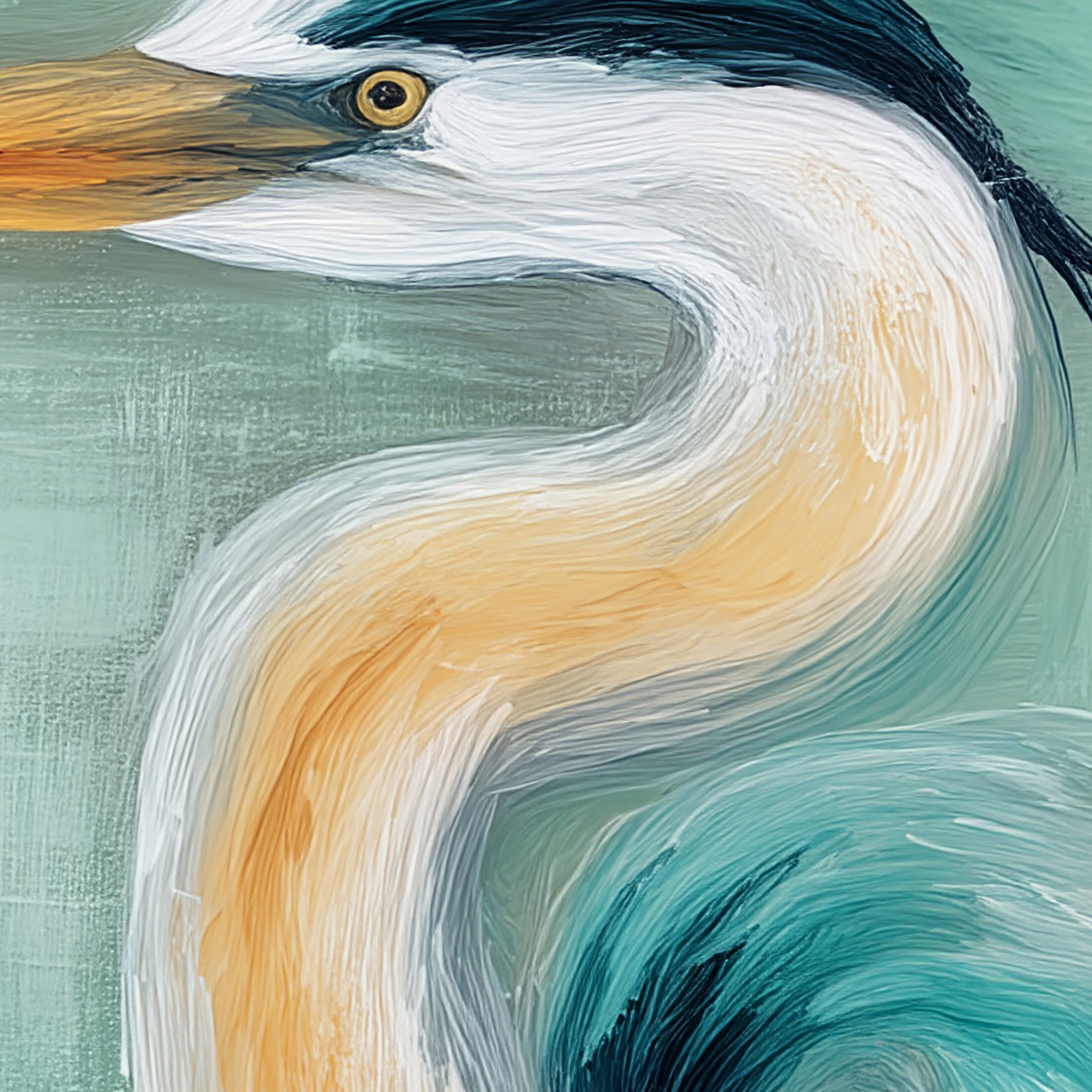 Close-up of a stylized heron painting with abstract brush strokes.