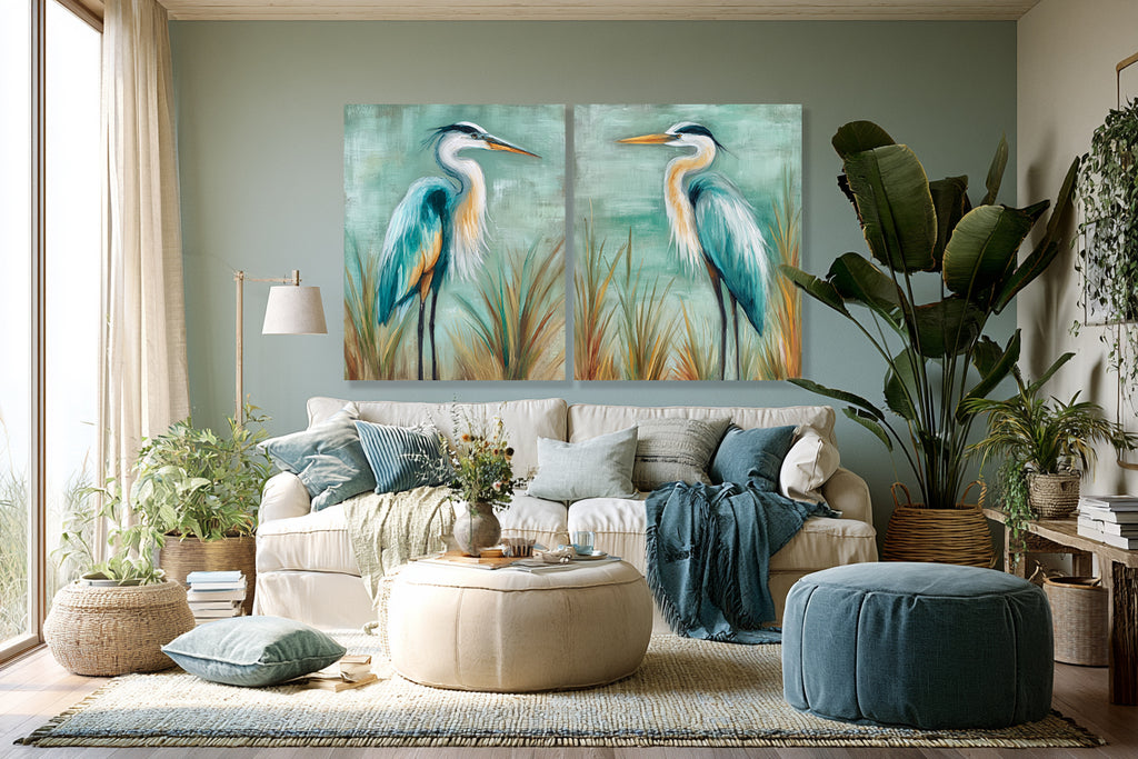 Living room with a painting of two herons on the wall, a beige sofa, and decorative plants.