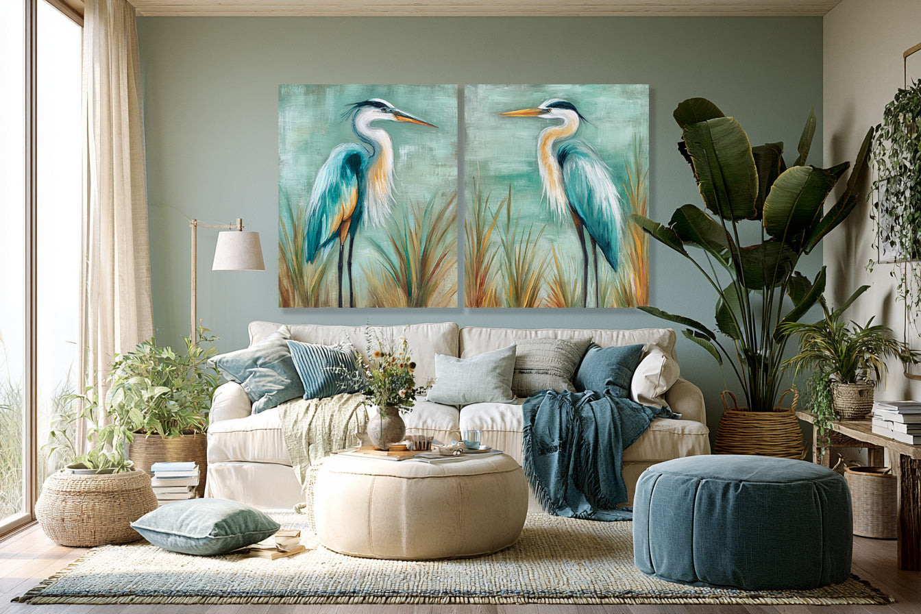 Living room with a painting of two herons on the wall, a beige sofa, and decorative plants.