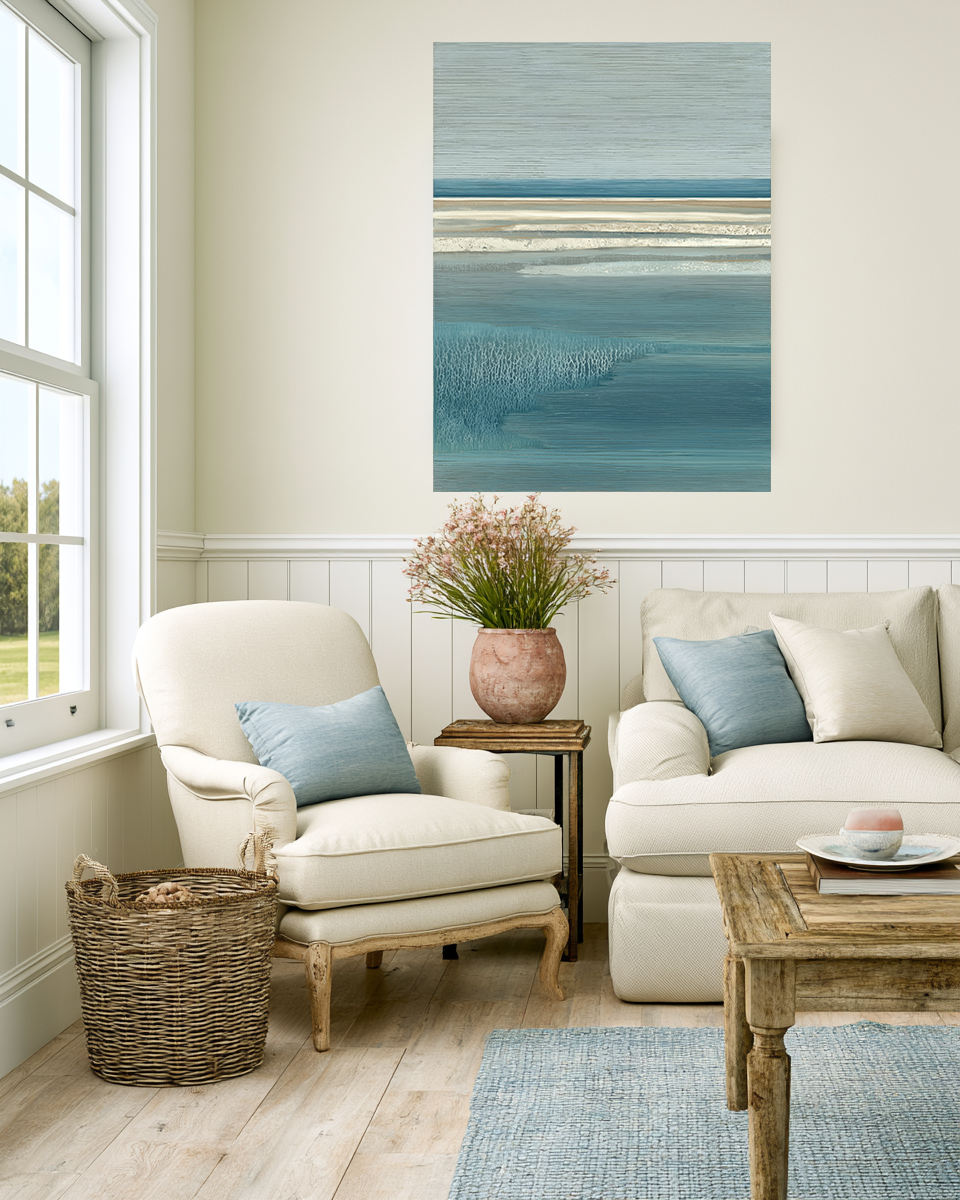 Coastal Drift IV series mockup – coastal print displayed with companion pieces
