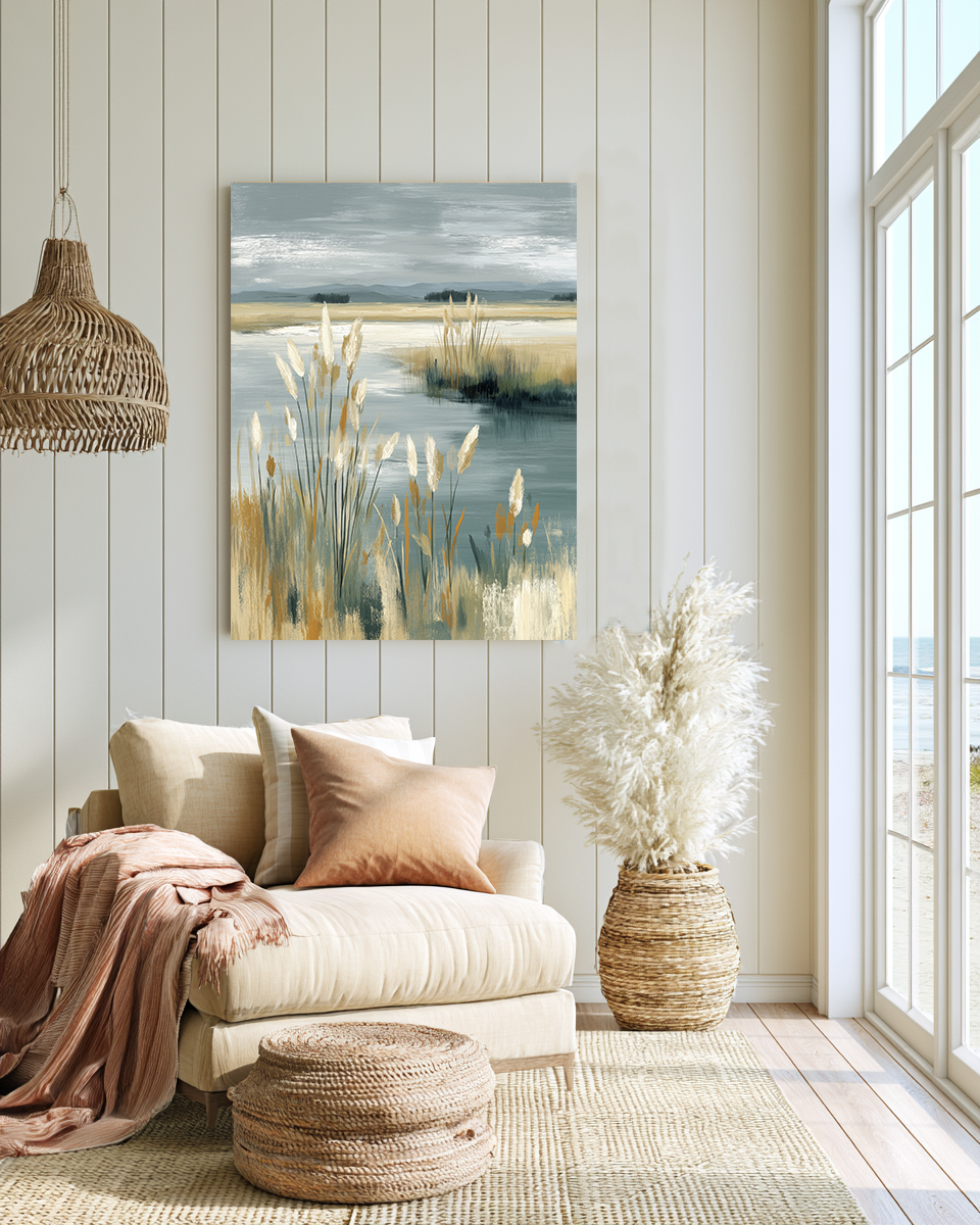 Drift & Tide I lifestyle mockup – framed coastal print in a styled interior