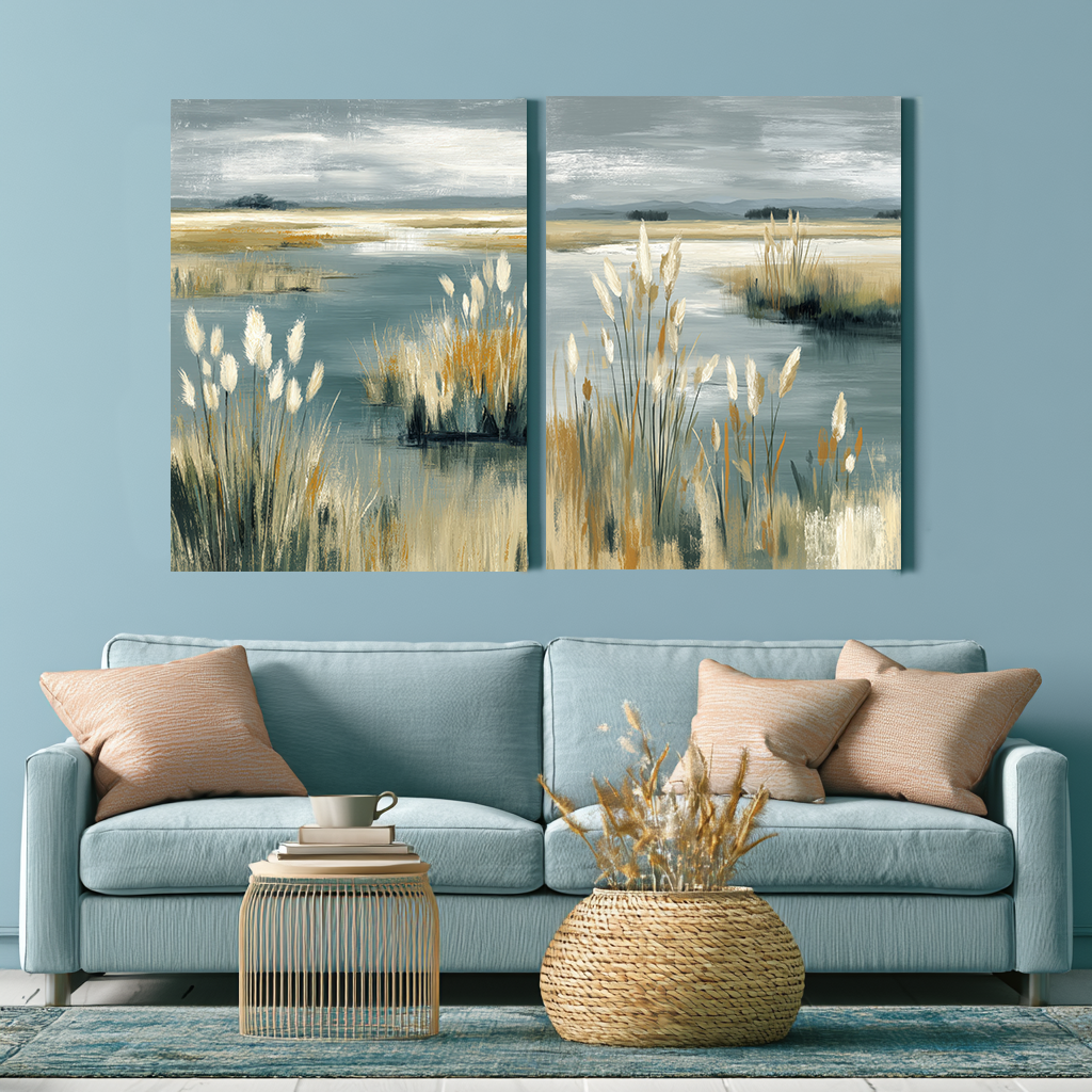 Drift & Tide series set mockup – pair of coastal landscape prints displayed together
