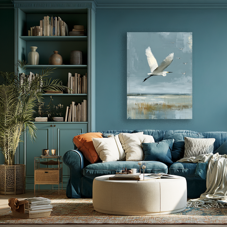 Estuary Light II library mockup – framed coastal landscape print in a library setting