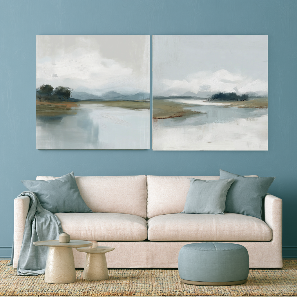 Grey Sky series set mockup – pair of grey sky coastal prints displayed above a sofa