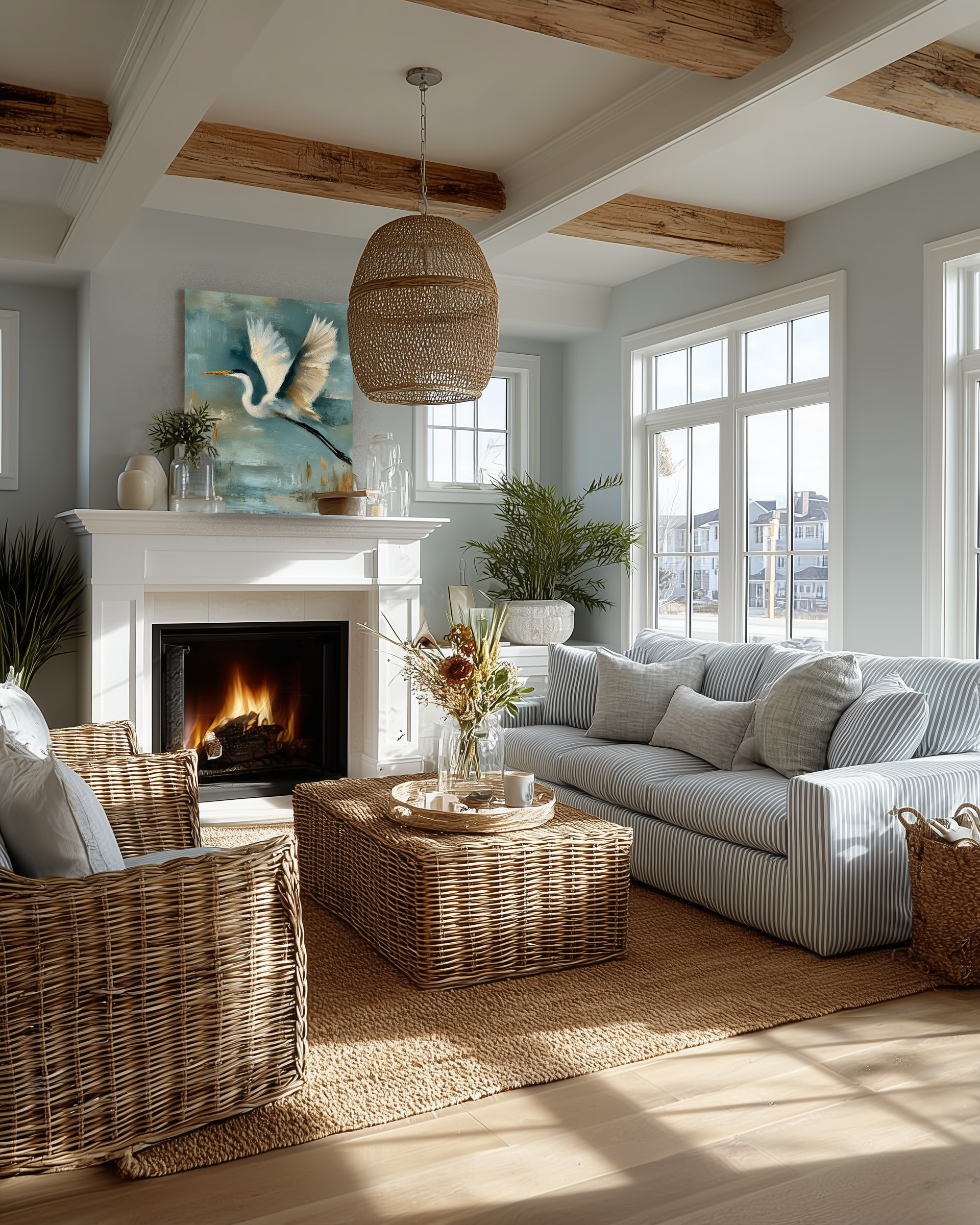 Heron Study I fireplace mockup – framed bird print displayed above a fireplace