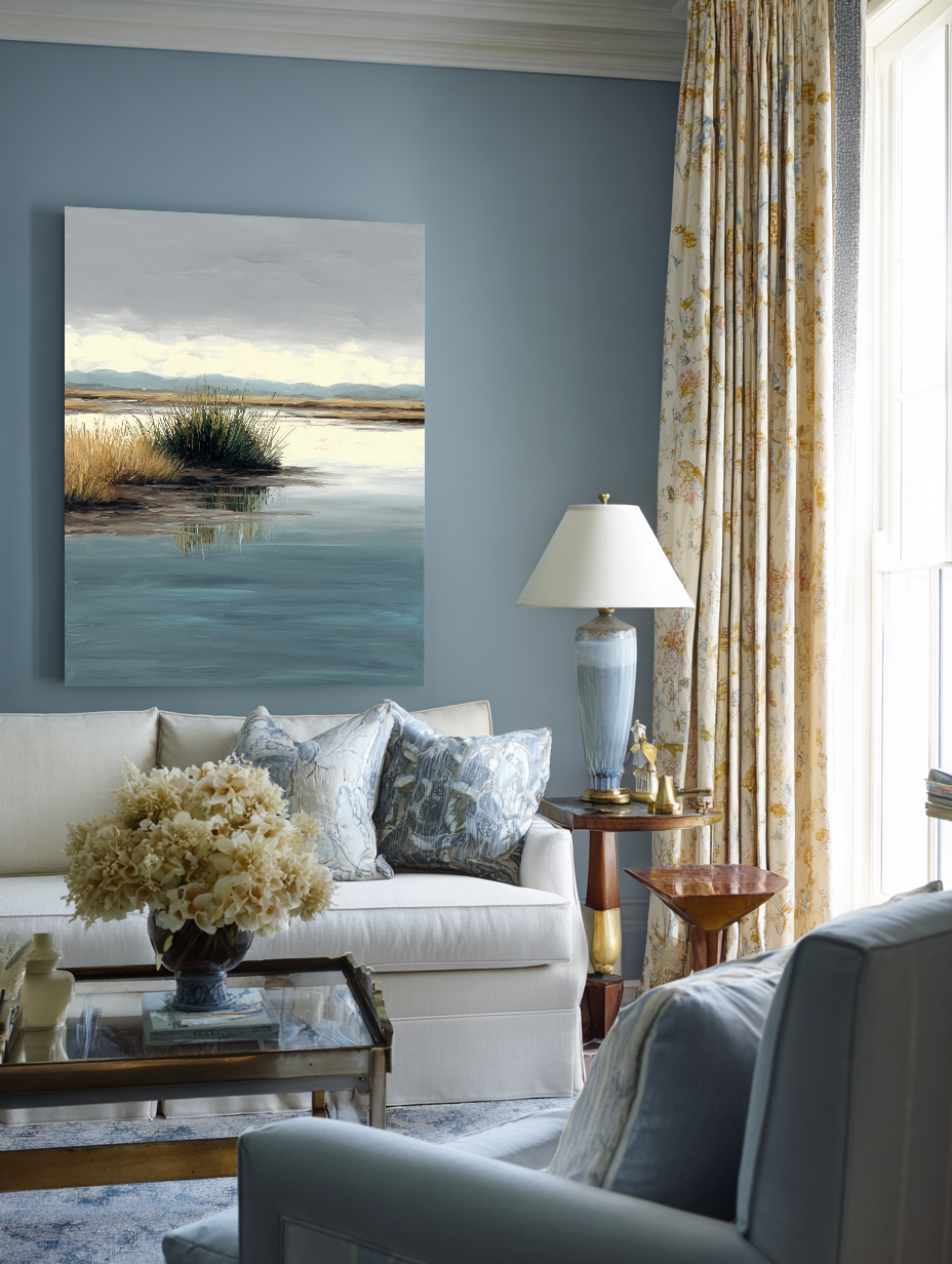 Tidewater Path I lifestyle mockup – framed coastal print in a styled interior