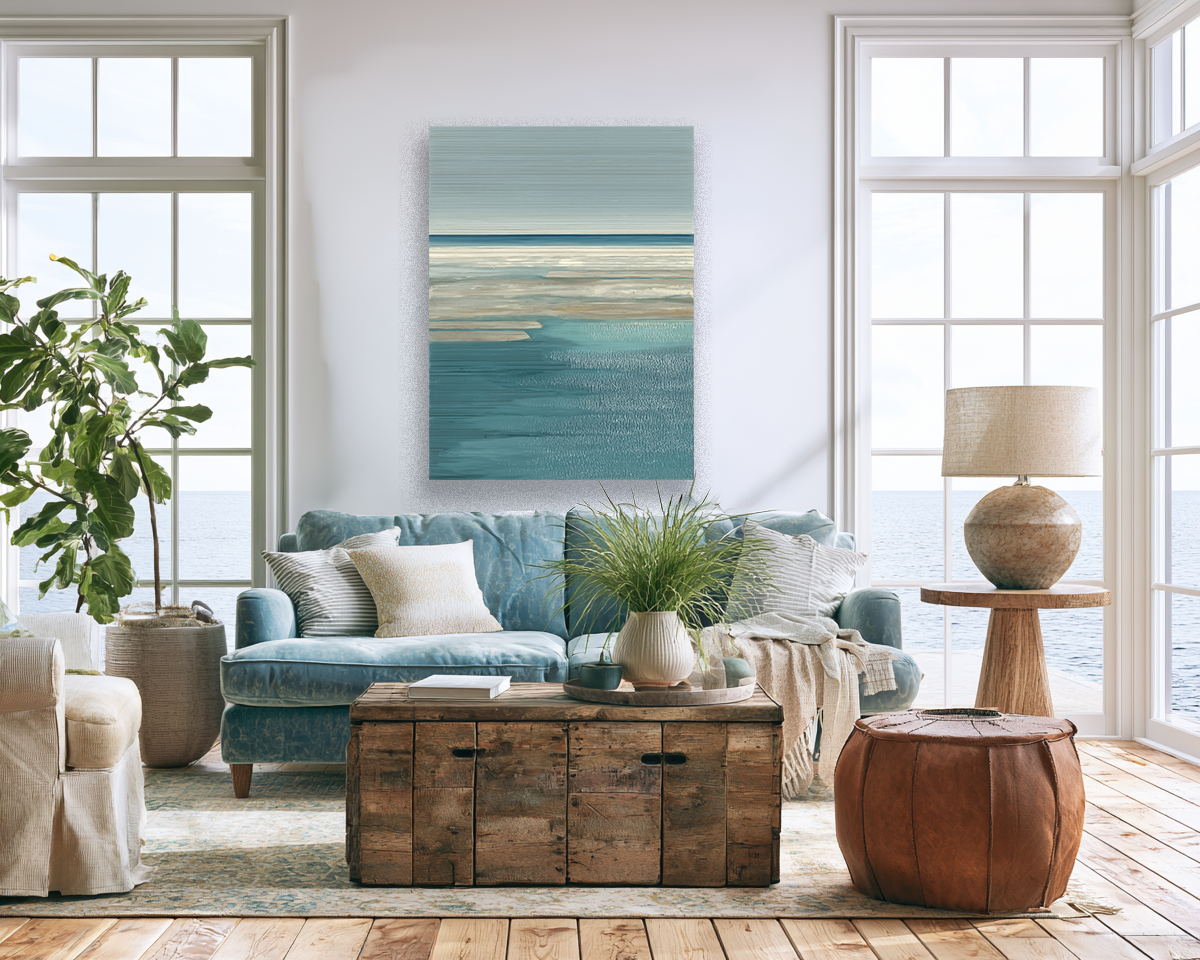 Coastal Drift I teal couch mockup – coastal fine art print above a teal sofa
