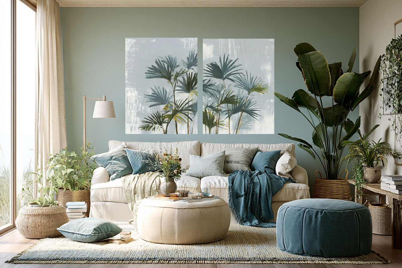 Coastal Breeze II series set mockup – coastal prints displayed together in a styled room